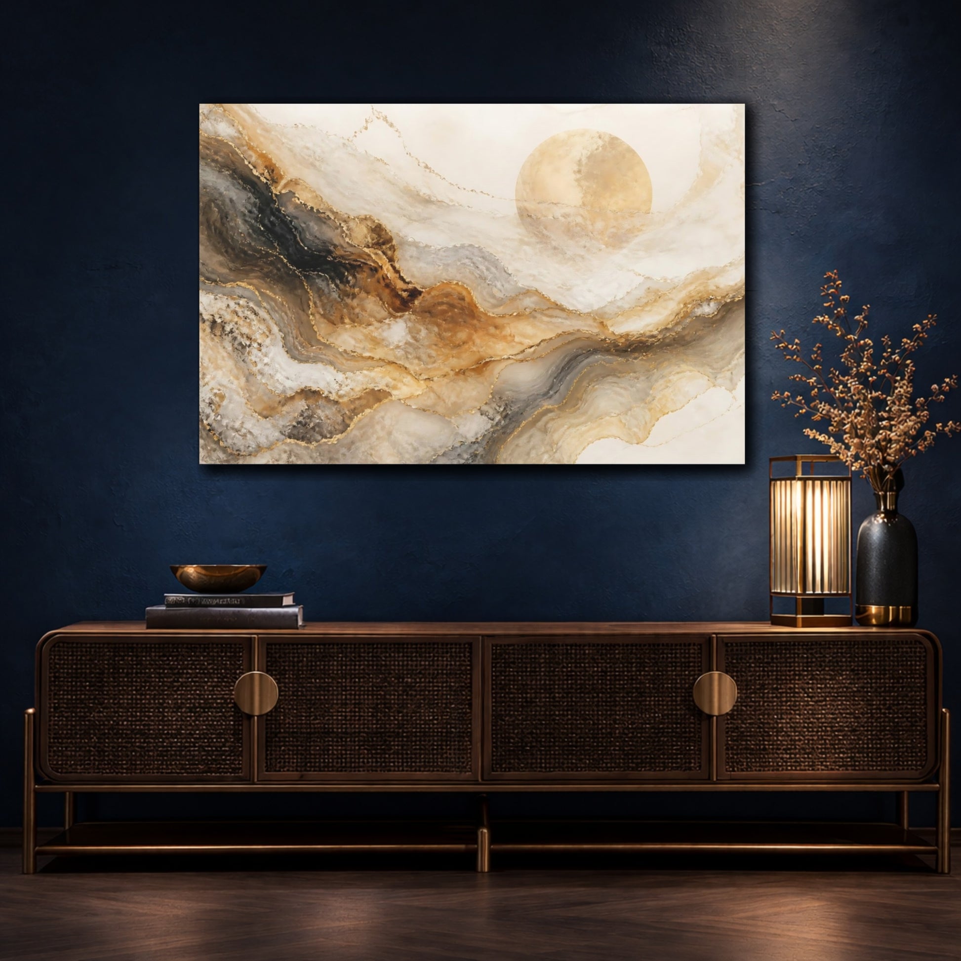 Mockup 4. Abstract Golden Marble Sun shown as canvas print
