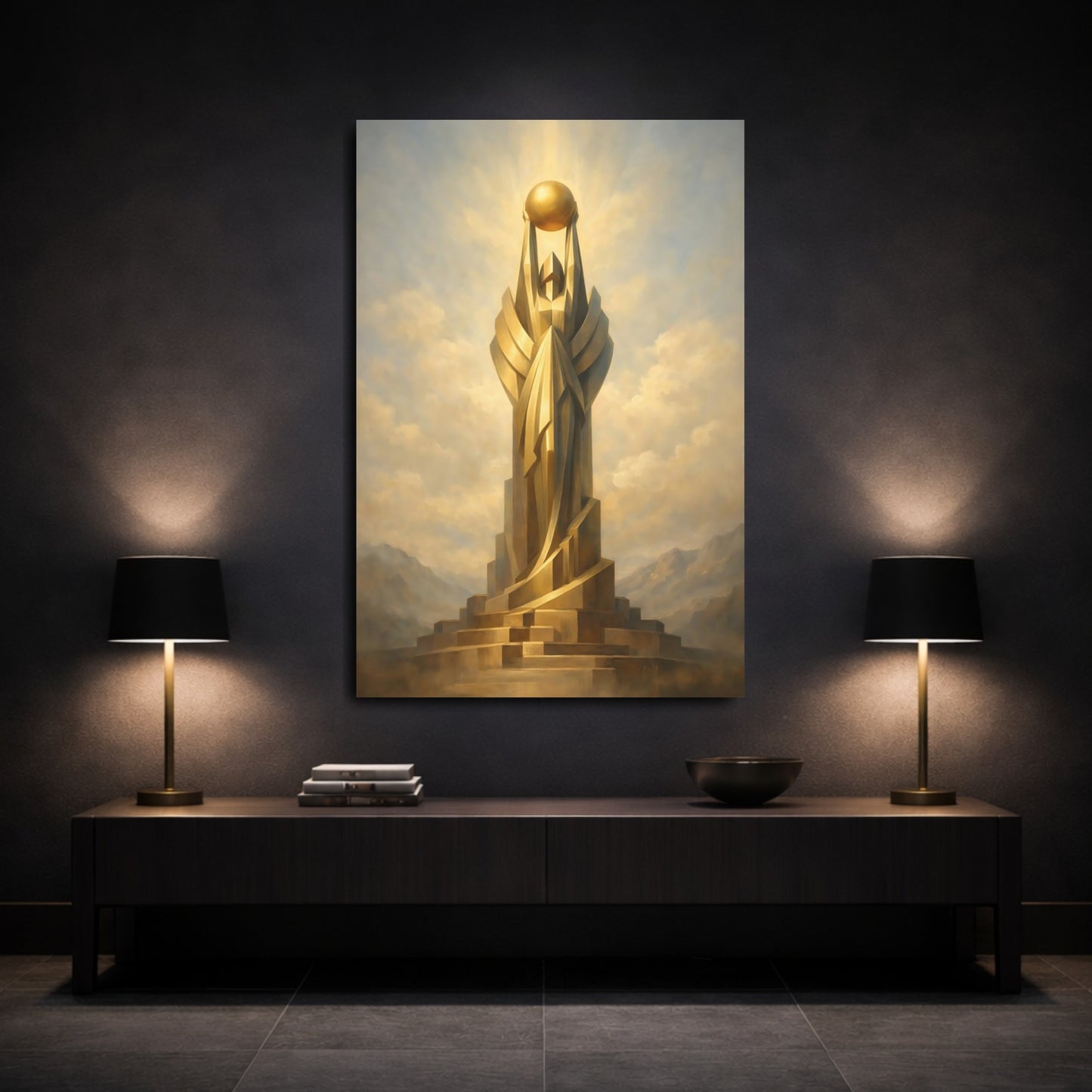 Mockup 2. Abstract Golden Monument Gold And Blue shown as stretched canvas wall art