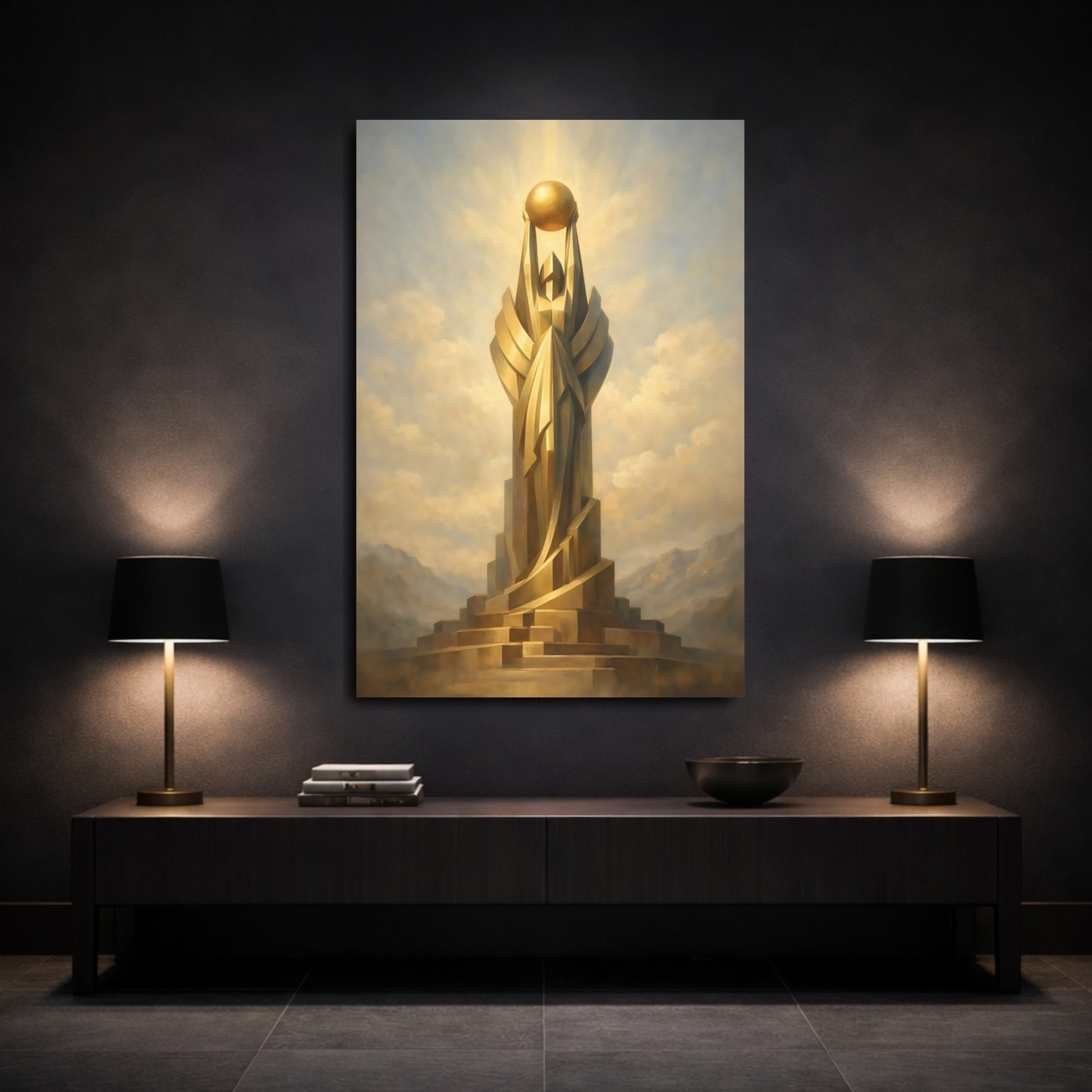 Mockup 2. Abstract Golden Monument Gold And Blue shown as stretched canvas wall art