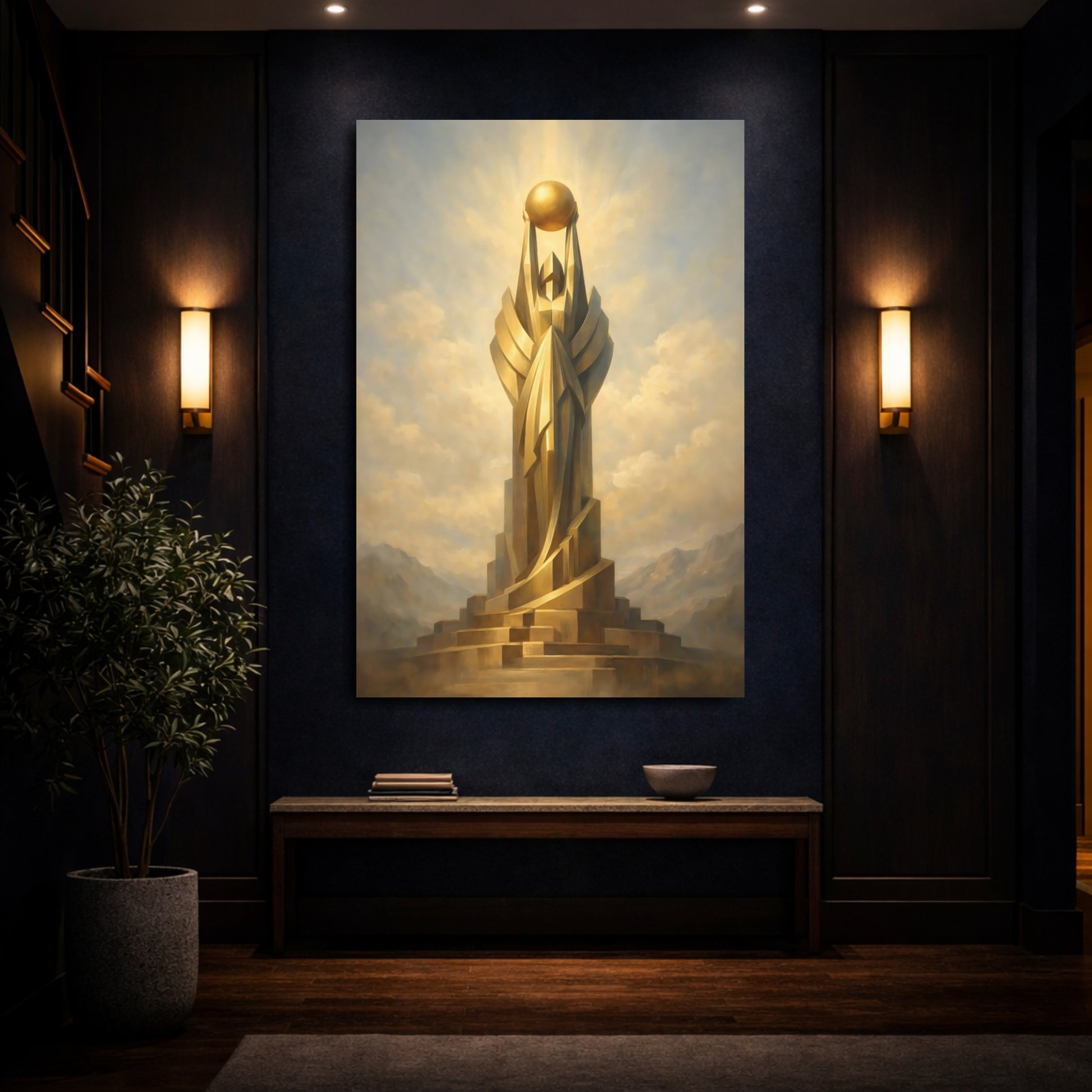 Mockup 3. Abstract Golden Monument Gold And Blue shown as stretched canvas wall art