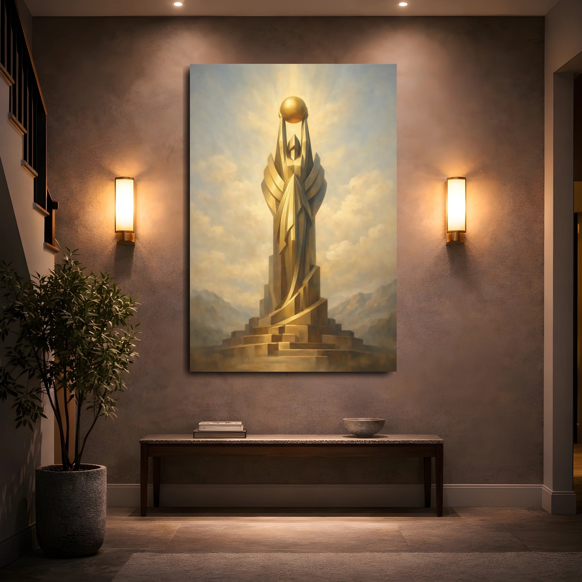 Mockup 4. Abstract Golden Monument Gold And Blue shown as stretched canvas wall art