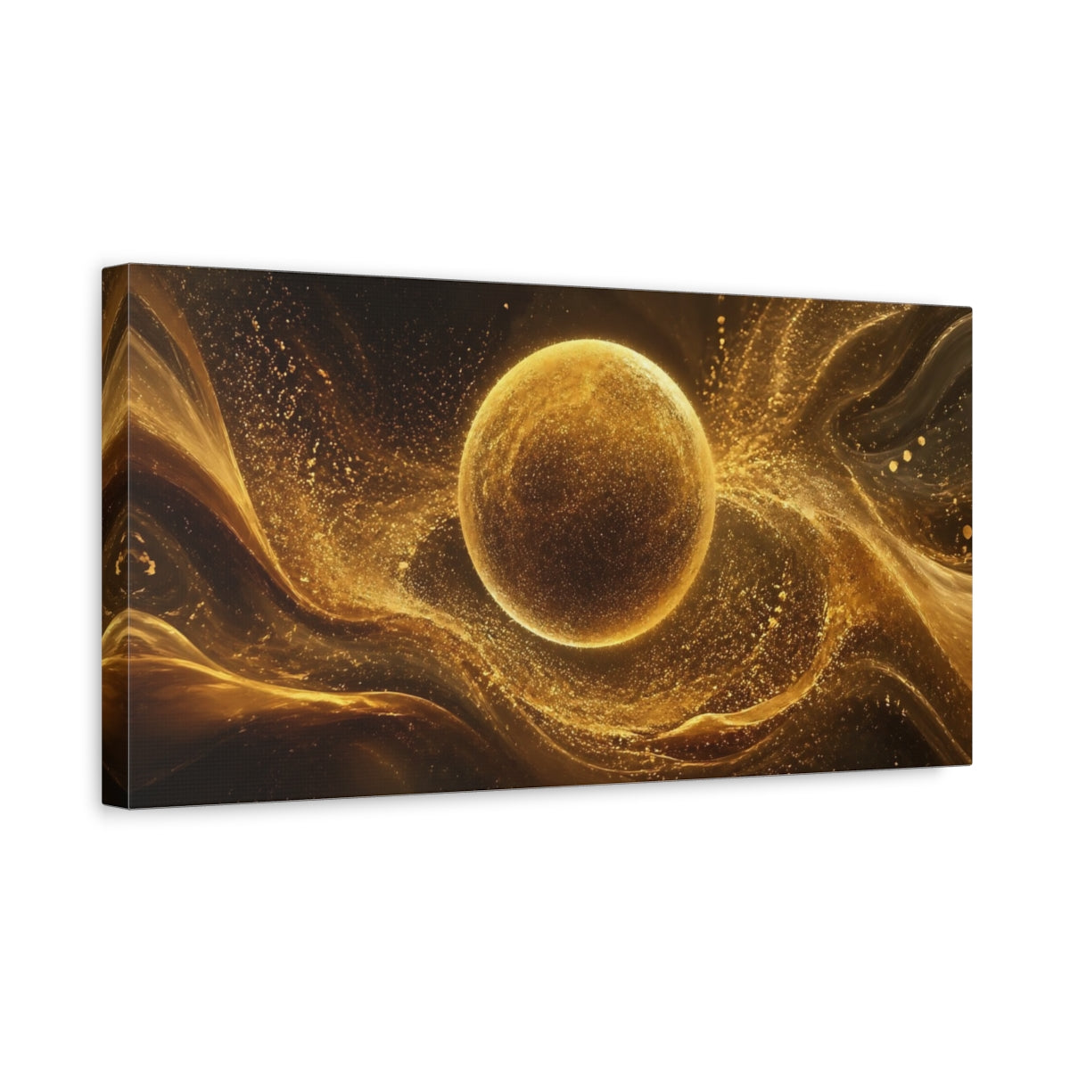 Side Mockup 3. Abstract Golden Orb Gold And Black shown as stretched canvas wall art