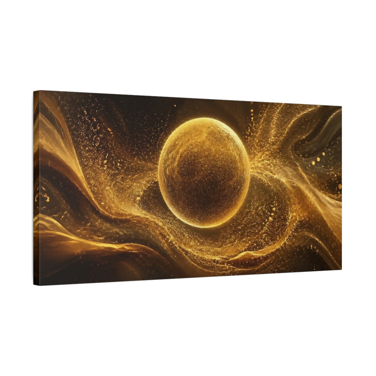 Side Mockup 1. Abstract Golden Orb Gold And Black shown as stretched canvas wall art