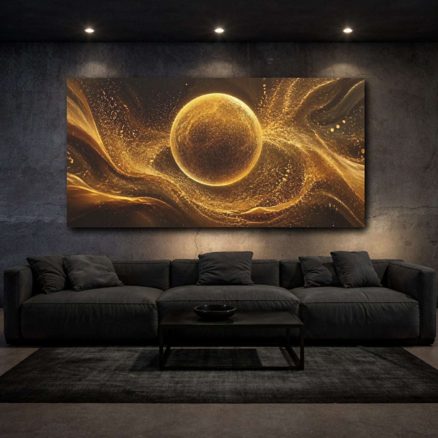 Mockup 2. Abstract Golden Orb Gold And Black shown as stretched canvas wall art