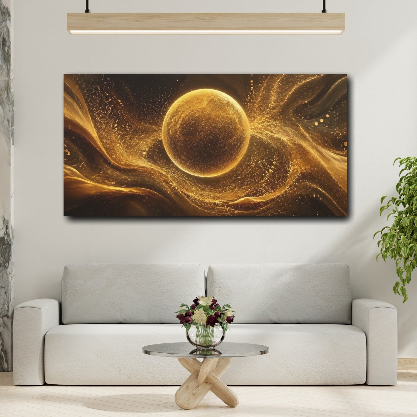 Mockup 3. Abstract Golden Orb Gold And Black shown as stretched canvas wall art