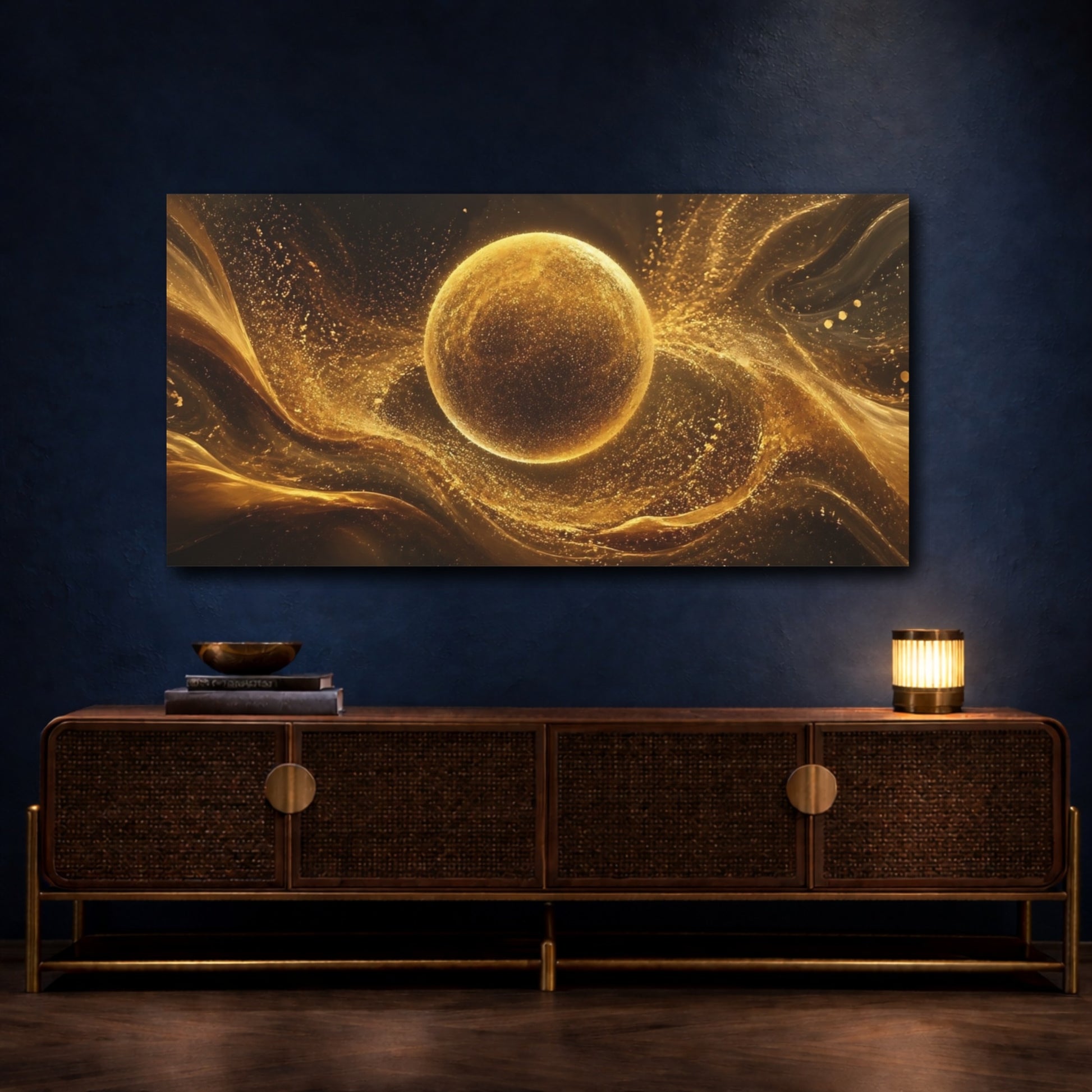 Mockup 4. Abstract Golden Orb Gold And Black shown as stretched canvas wall art