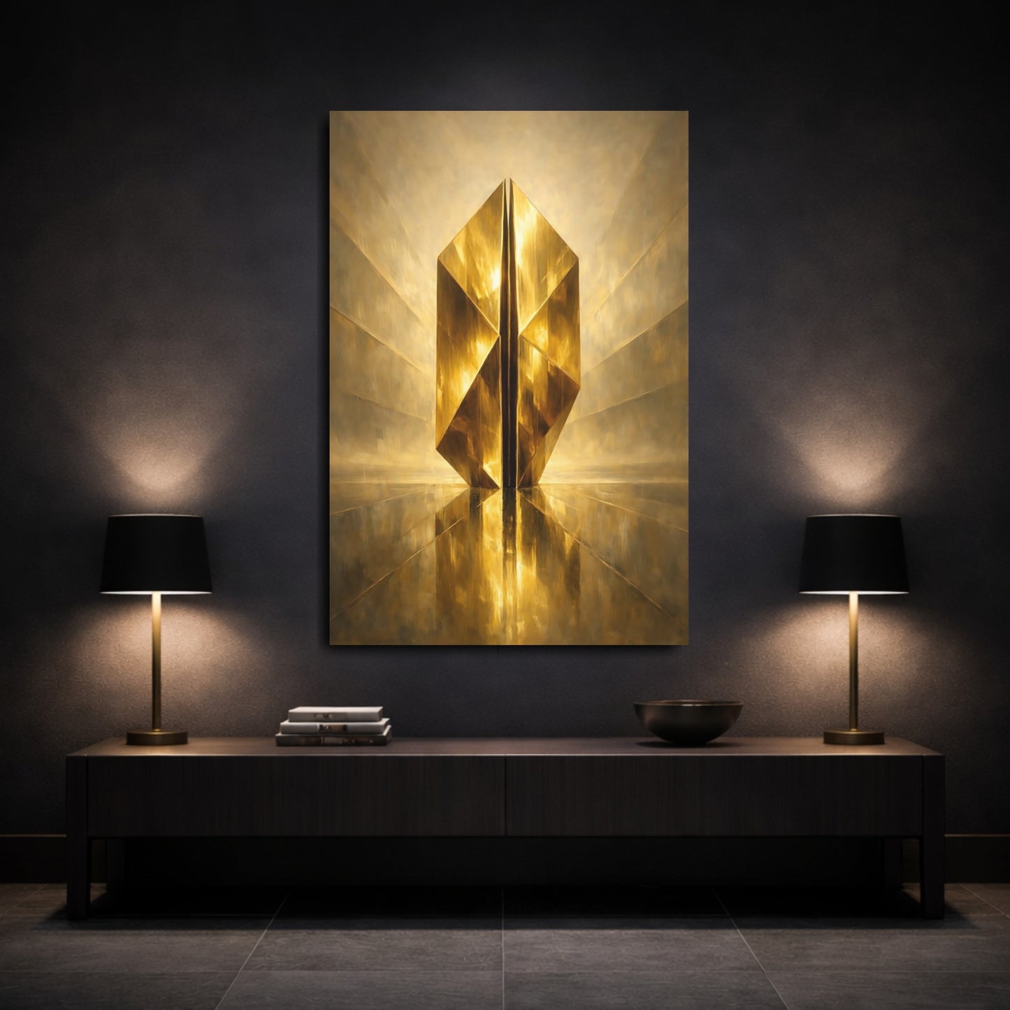 Mockup 2. Abstract Golden Prism Gold Abstract shown as stretched canvas wall art