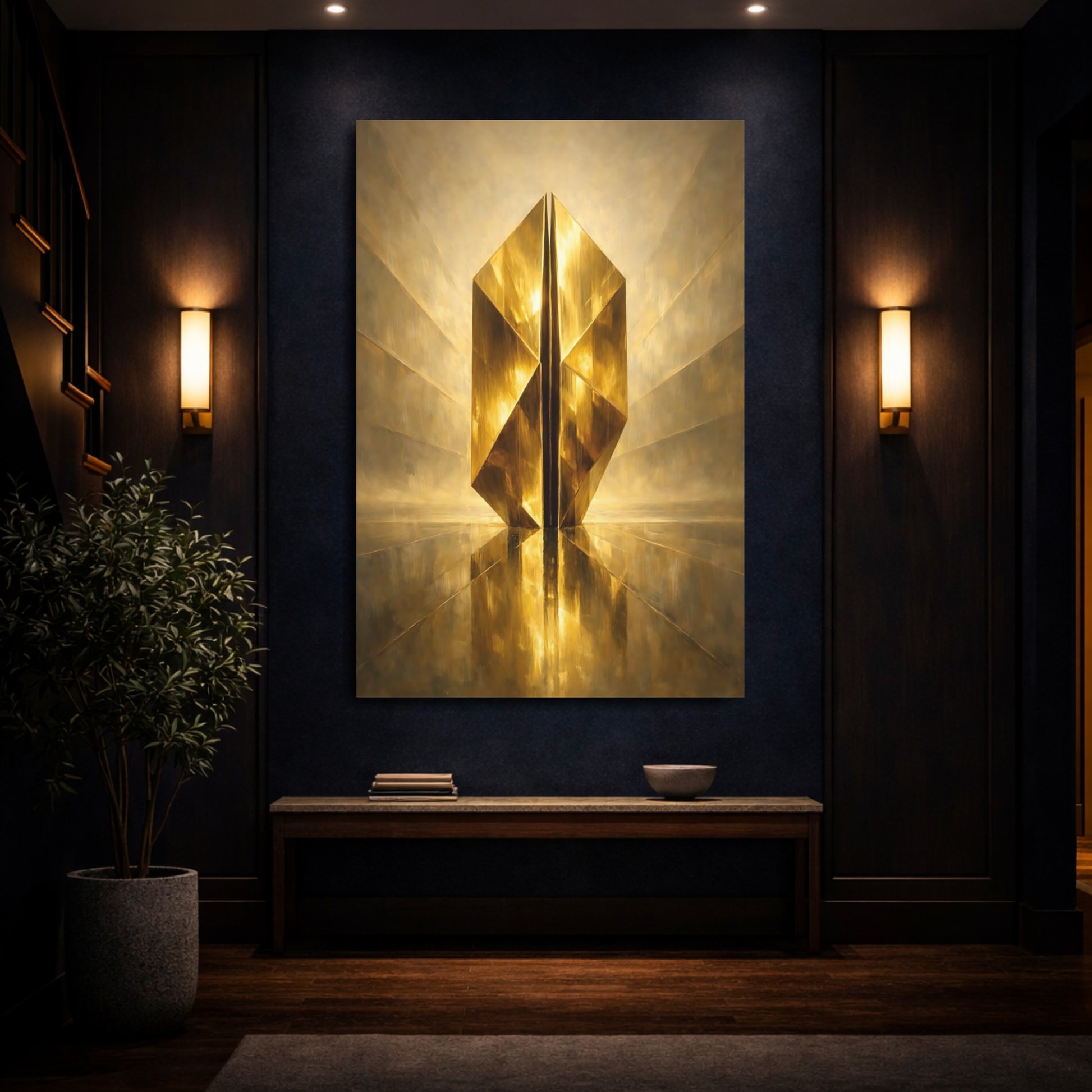 Mockup 3. Abstract Golden Prism Gold Abstract shown as stretched canvas wall art