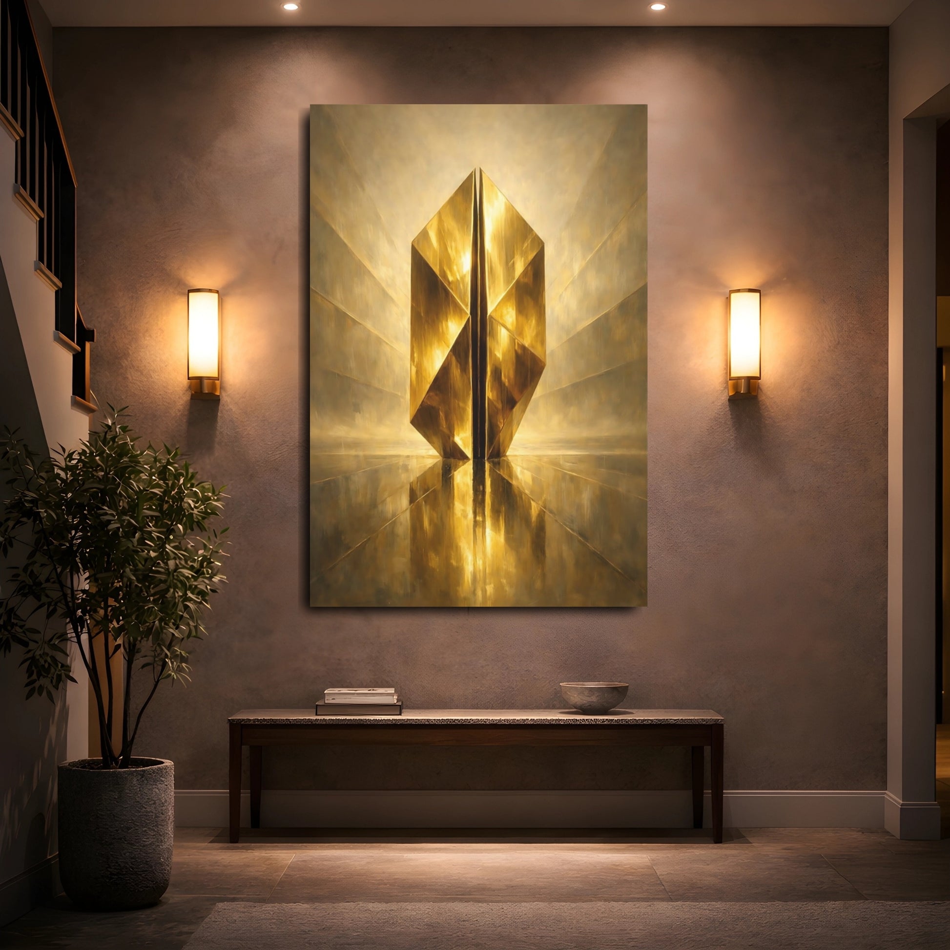 Mockup 4. Abstract Golden Prism Gold Abstract shown as stretched canvas wall art