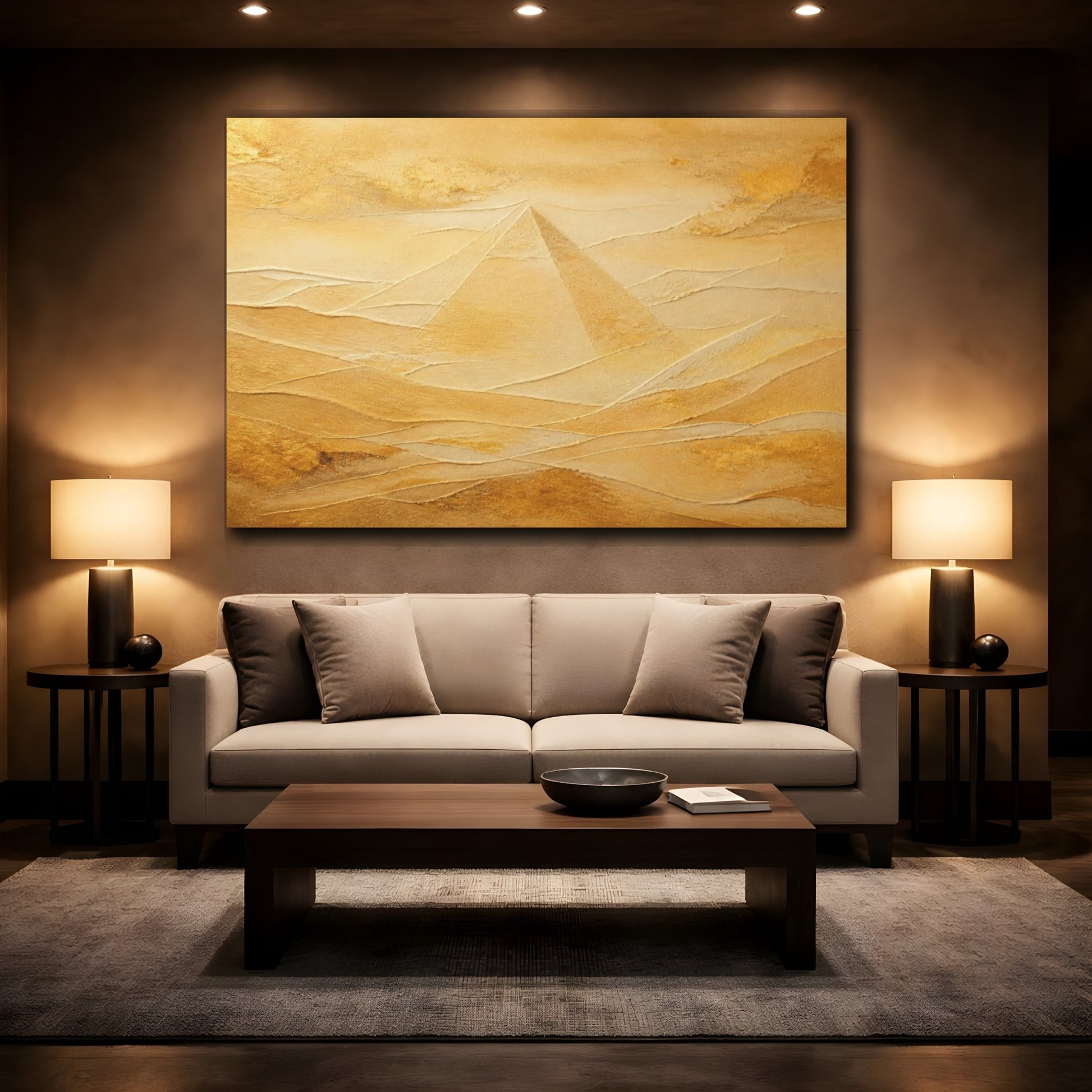 Mockup 2. Abstract Golden Pyramid shown as canvas print