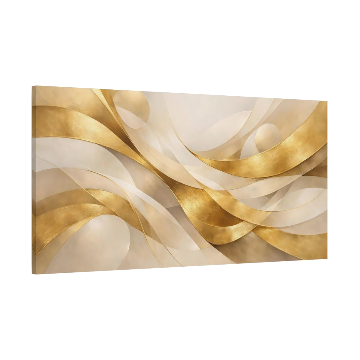 Main Mockup. Abstract Golden Ribbons Gold And Beige shown as stretched canvas wall art