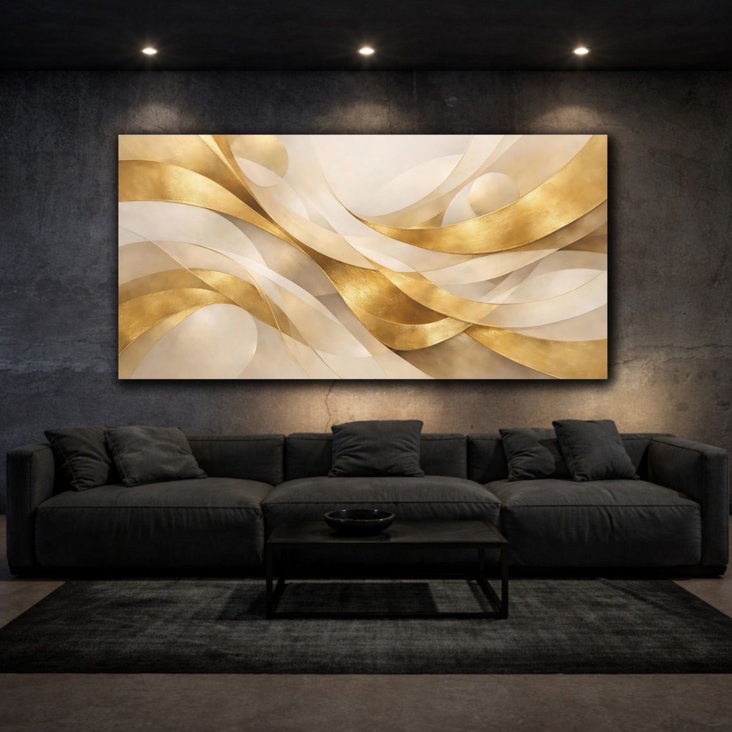 Mockup 2. Abstract Golden Ribbons Gold And Beige shown as stretched canvas wall art