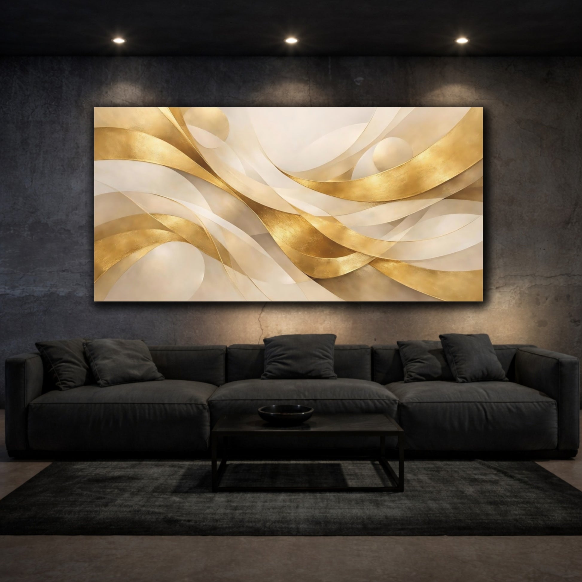 Mockup 2. Abstract Golden Ribbons Gold And Beige shown as stretched canvas wall art