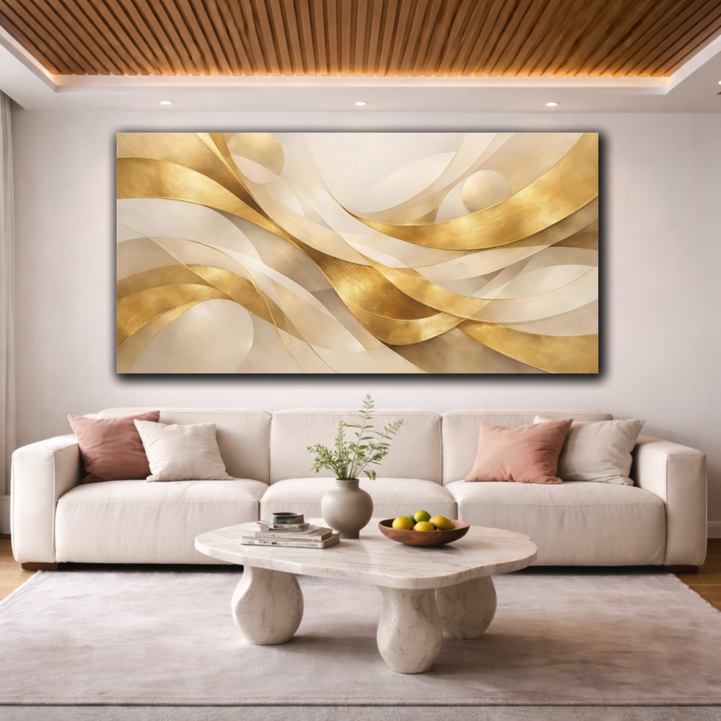 Mockup 3. Abstract Golden Ribbons Gold And Beige shown as stretched canvas wall art