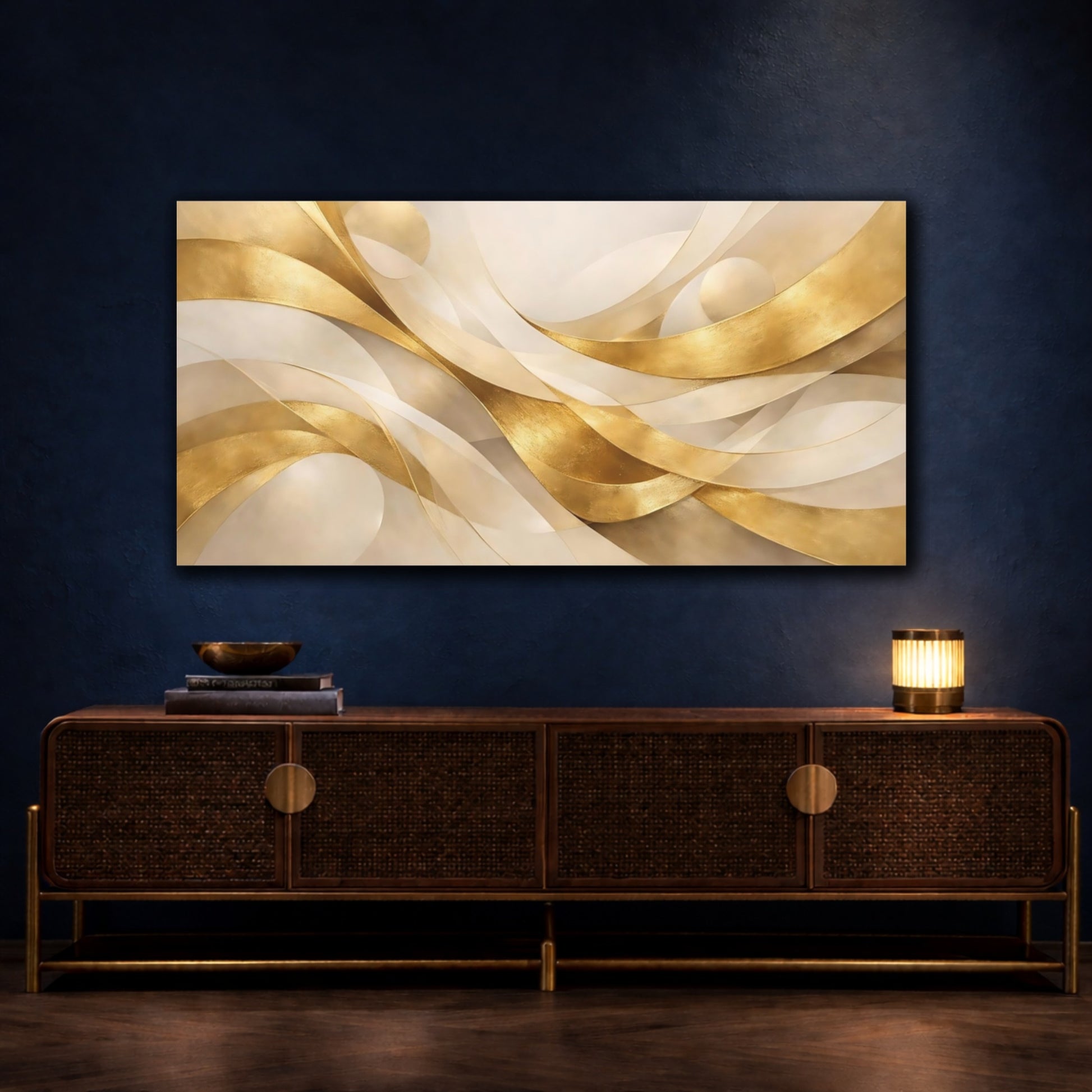 Mockup 4. Abstract Golden Ribbons Gold And Beige shown as stretched canvas wall art