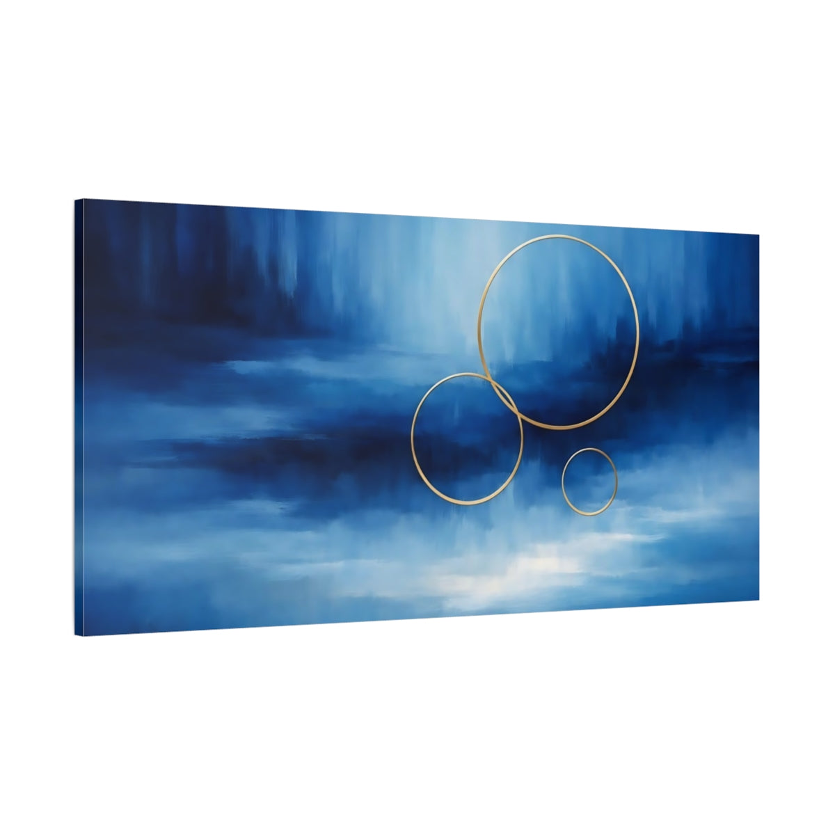 Main Mockup. Abstract Golden Rings Blue And Gold Rings shown as stretched canvas wall art