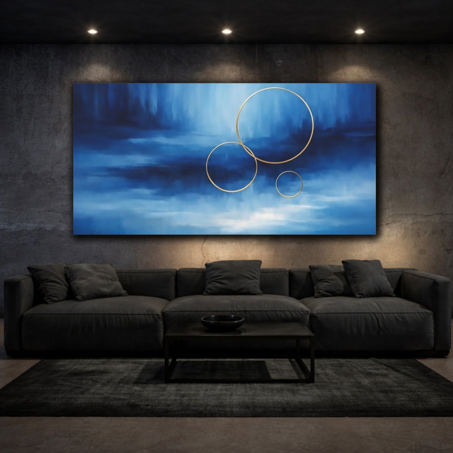Mockup 2. Abstract Golden Rings Blue And Gold Rings shown as stretched canvas wall art
