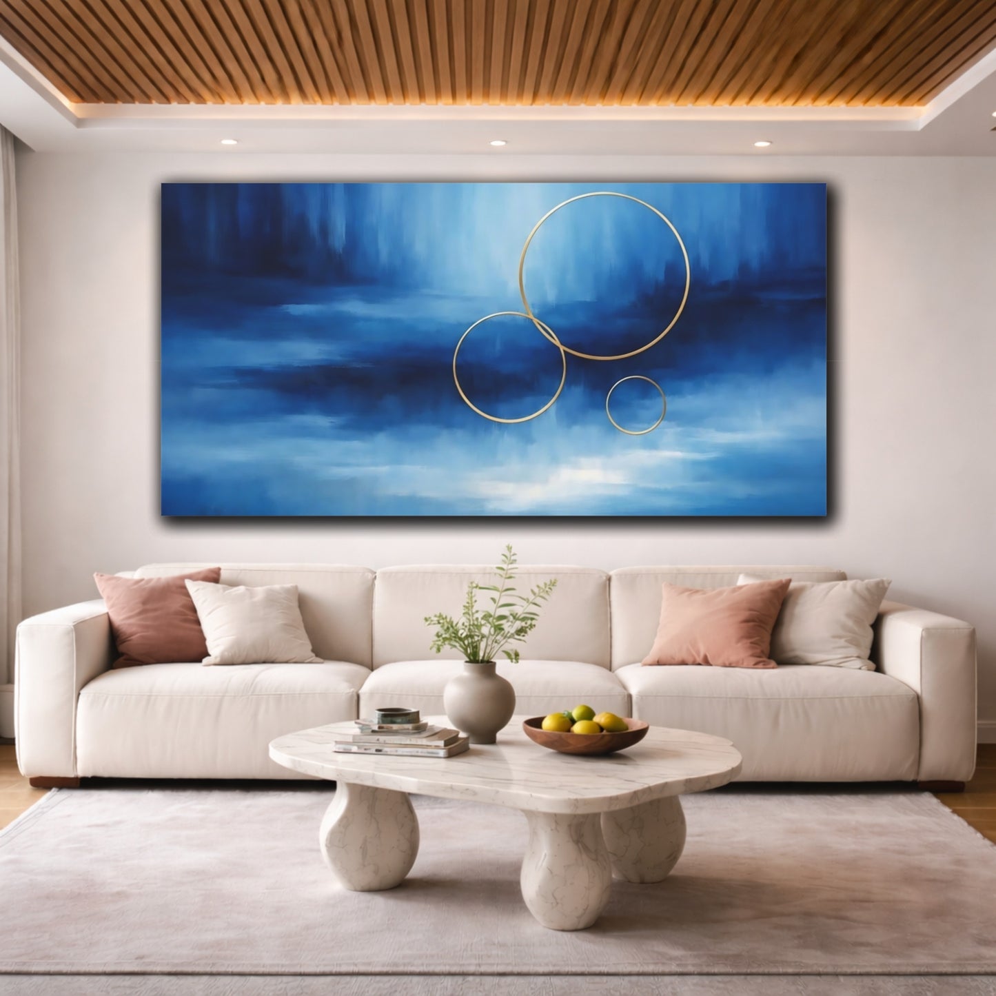 Mockup 3. Abstract Golden Rings Blue And Gold Rings shown as stretched canvas wall art