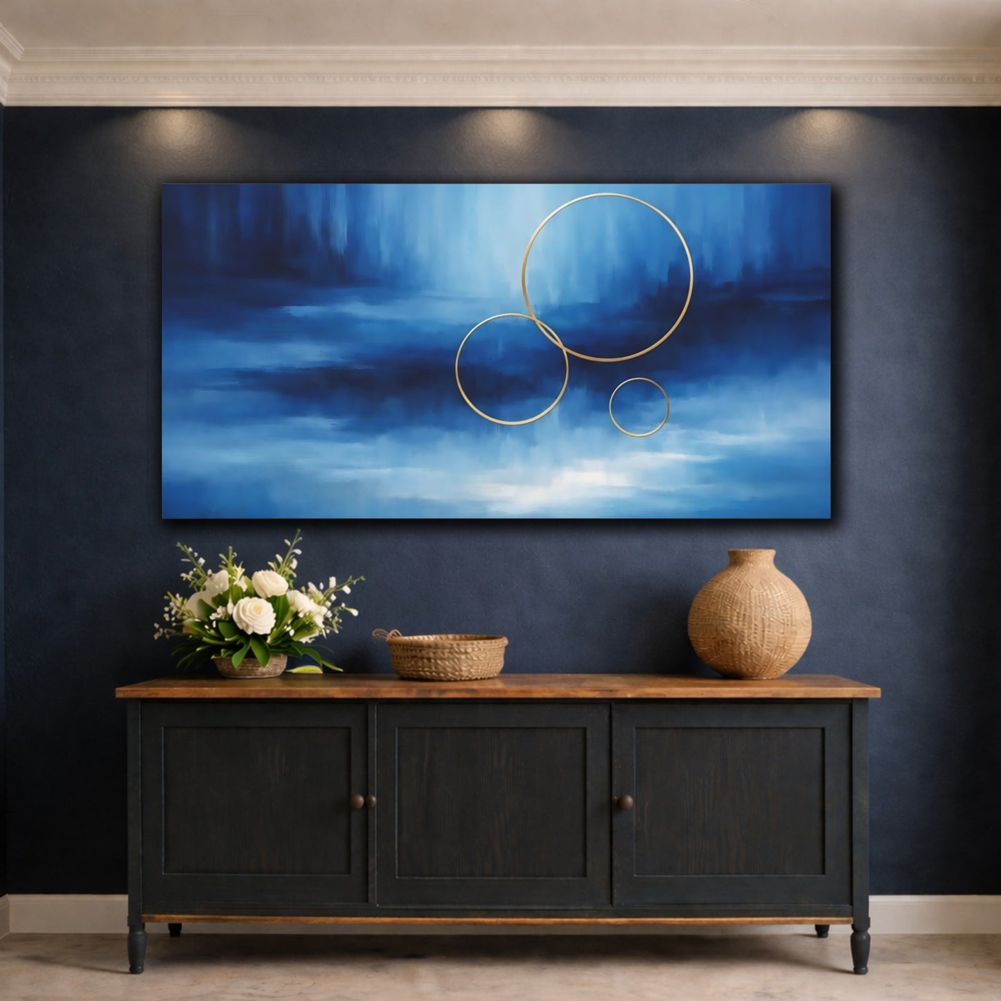 Mockup 4. Abstract Golden Rings Blue And Gold Rings shown as stretched canvas wall art