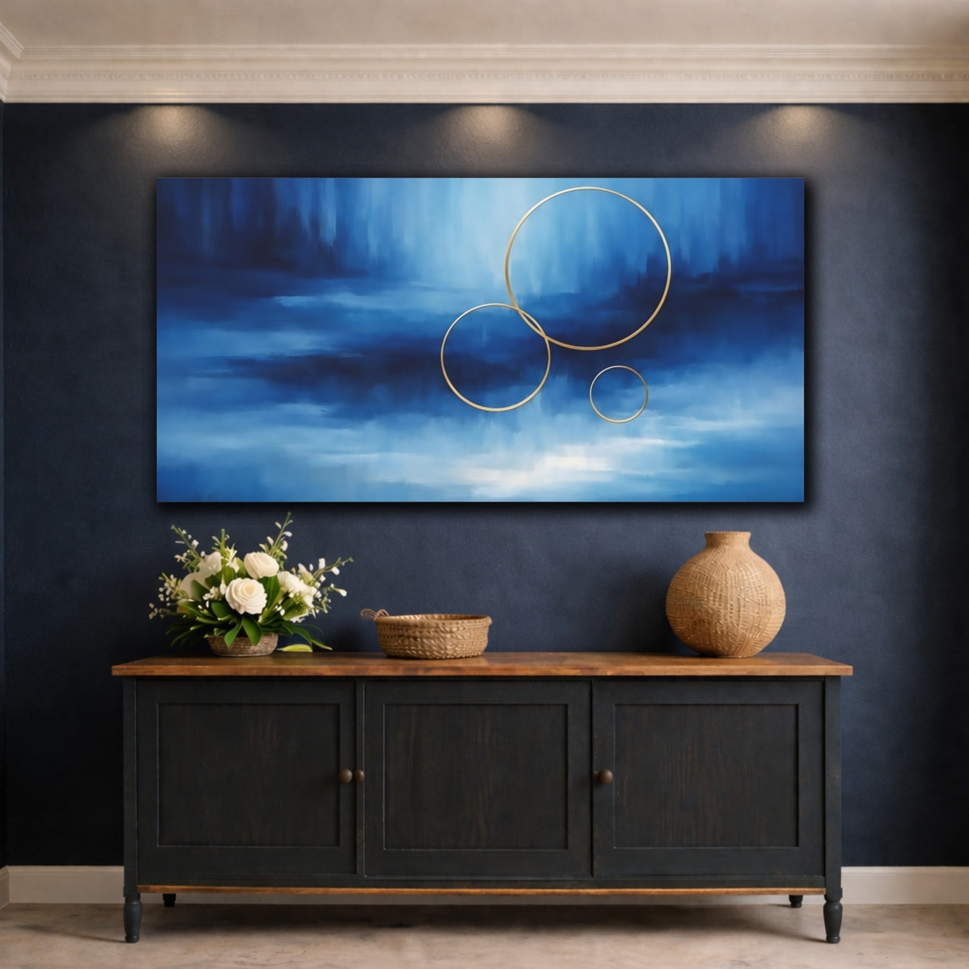 Mockup 4. Abstract Golden Rings Blue And Gold Rings shown as stretched canvas wall art