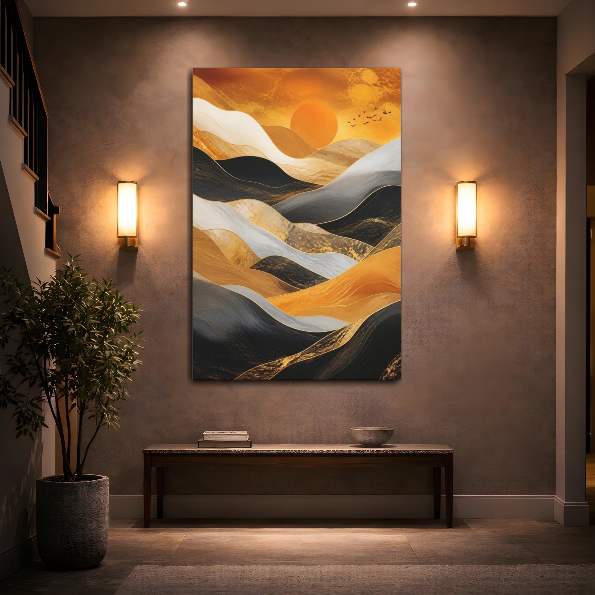 Mockup 2. Abstract Golden Rolling Hills shown as canvas print