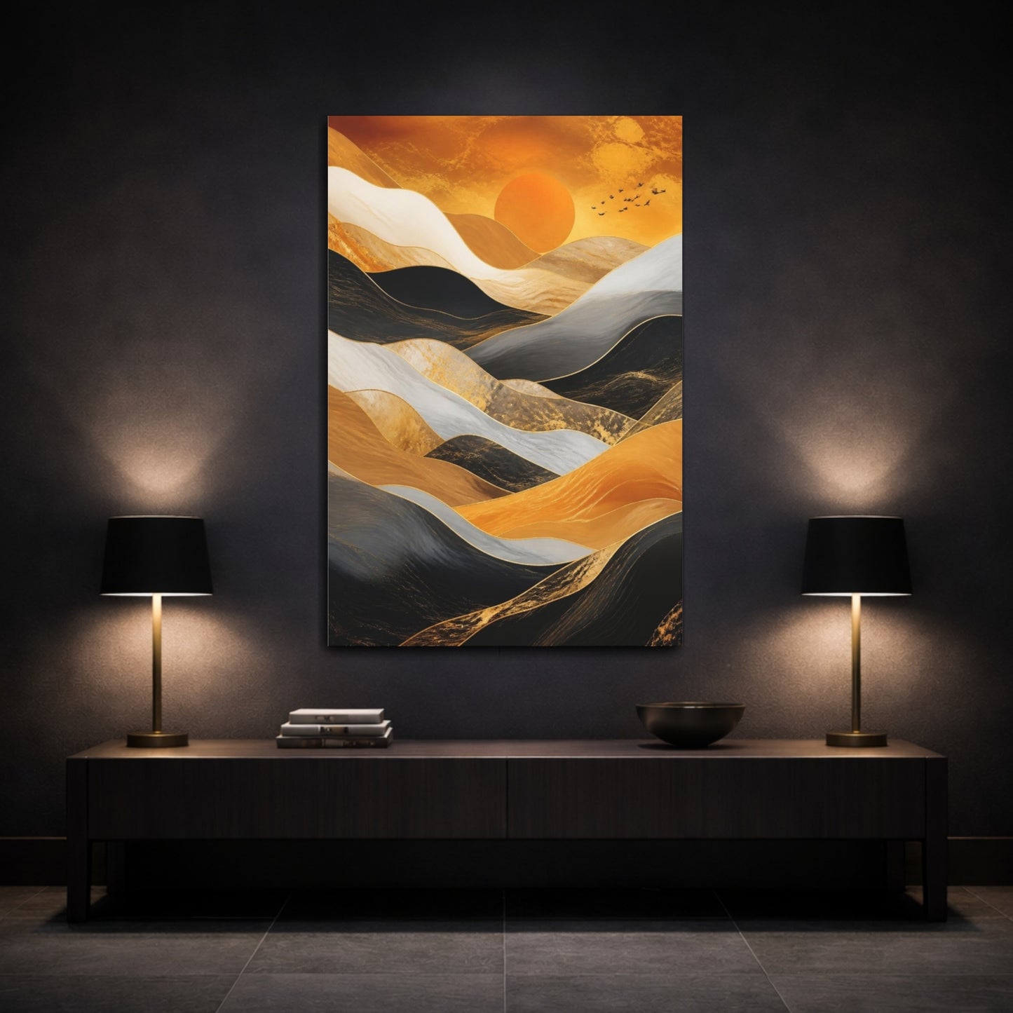 Mockup 3. Abstract Golden Rolling Hills shown as canvas print