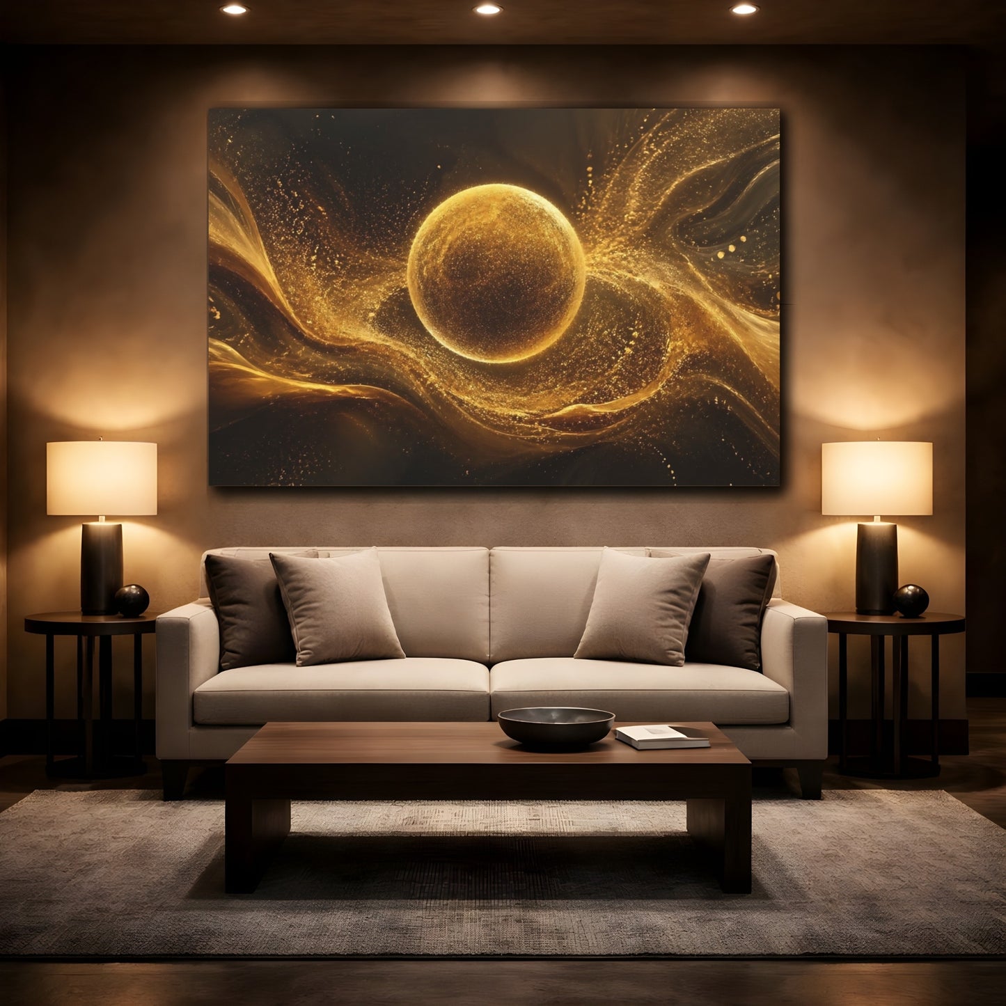 Mockup 2. Abstract Golden Sphere Abstract Gold shown as stretched canvas wall art