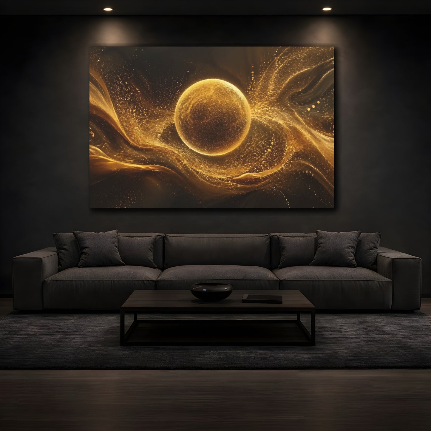 Mockup 3. Abstract Golden Sphere Abstract Gold shown as stretched canvas wall art