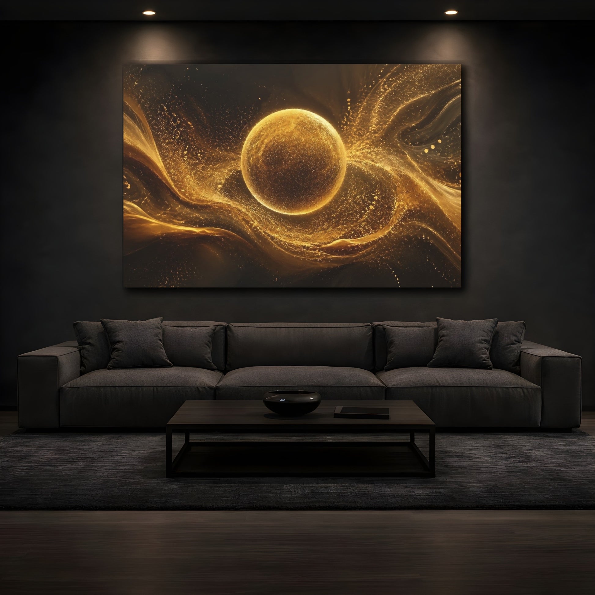 Mockup 3. Abstract Golden Sphere Abstract Gold shown as stretched canvas wall art
