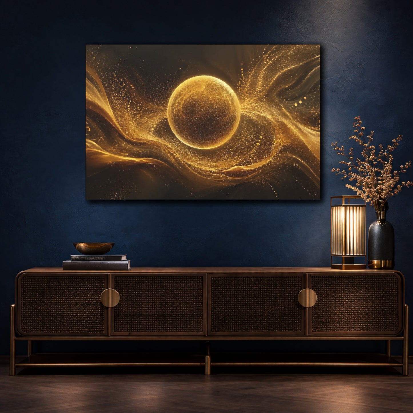 Mockup 4. Abstract Golden Sphere Abstract Gold shown as stretched canvas wall art
