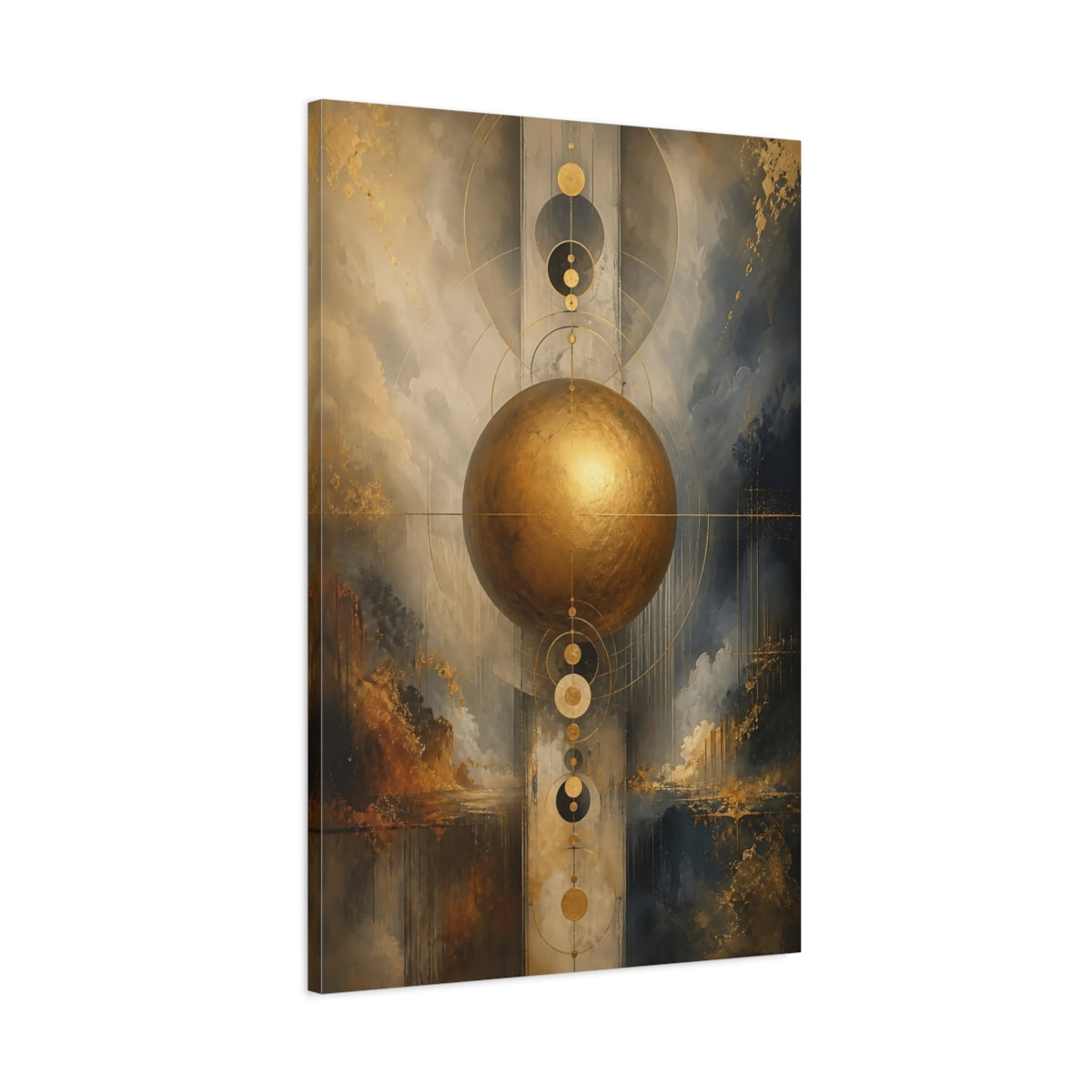 Main Mockup. Abstract Golden Sphere Gold Abstract Art shown as stretched canvas wall art