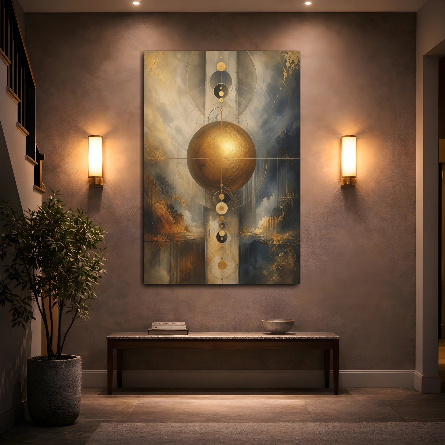 Mockup 2. Abstract Golden Sphere Gold Abstract Art shown as stretched canvas wall art