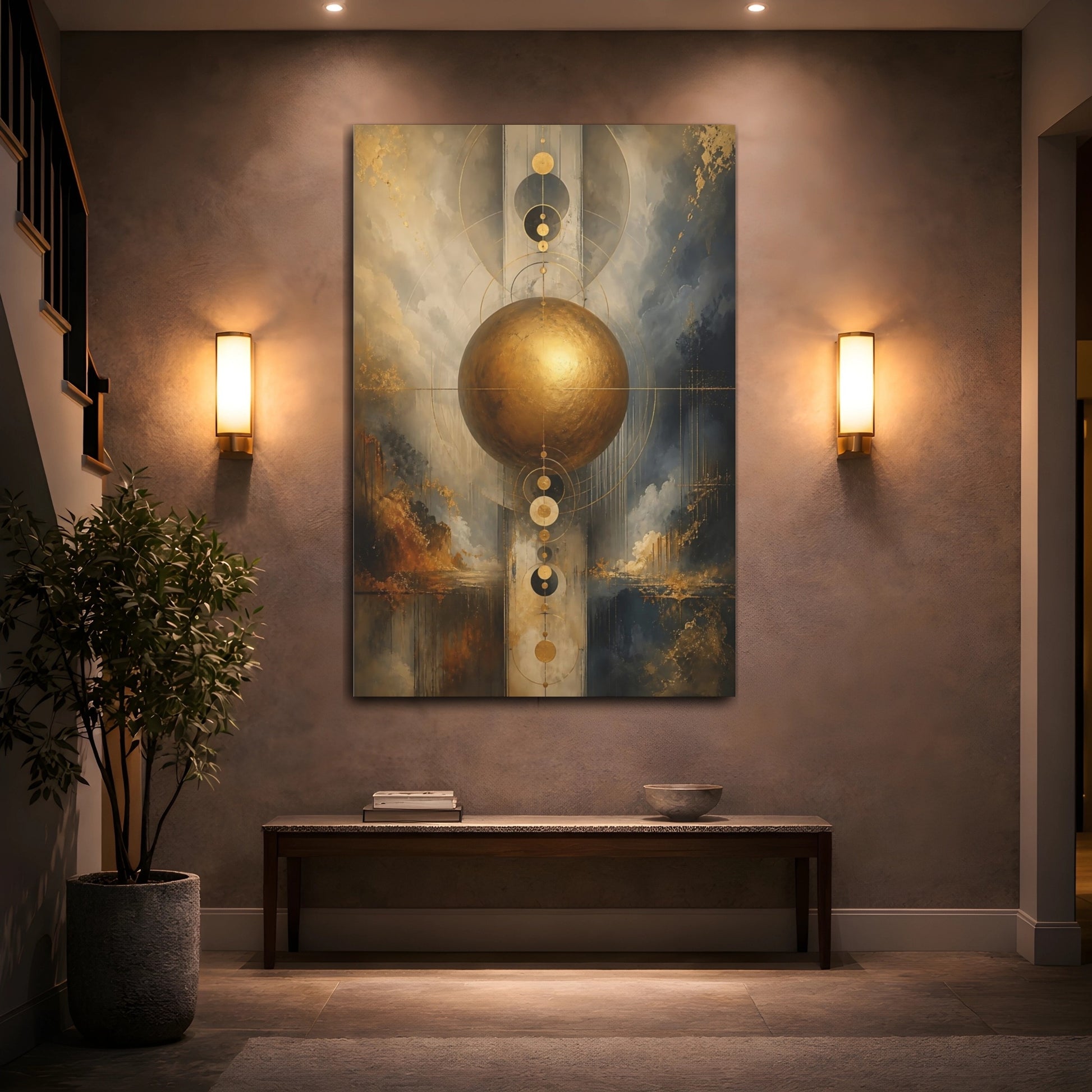 Mockup 2. Abstract Golden Sphere Gold Abstract Art shown as stretched canvas wall art