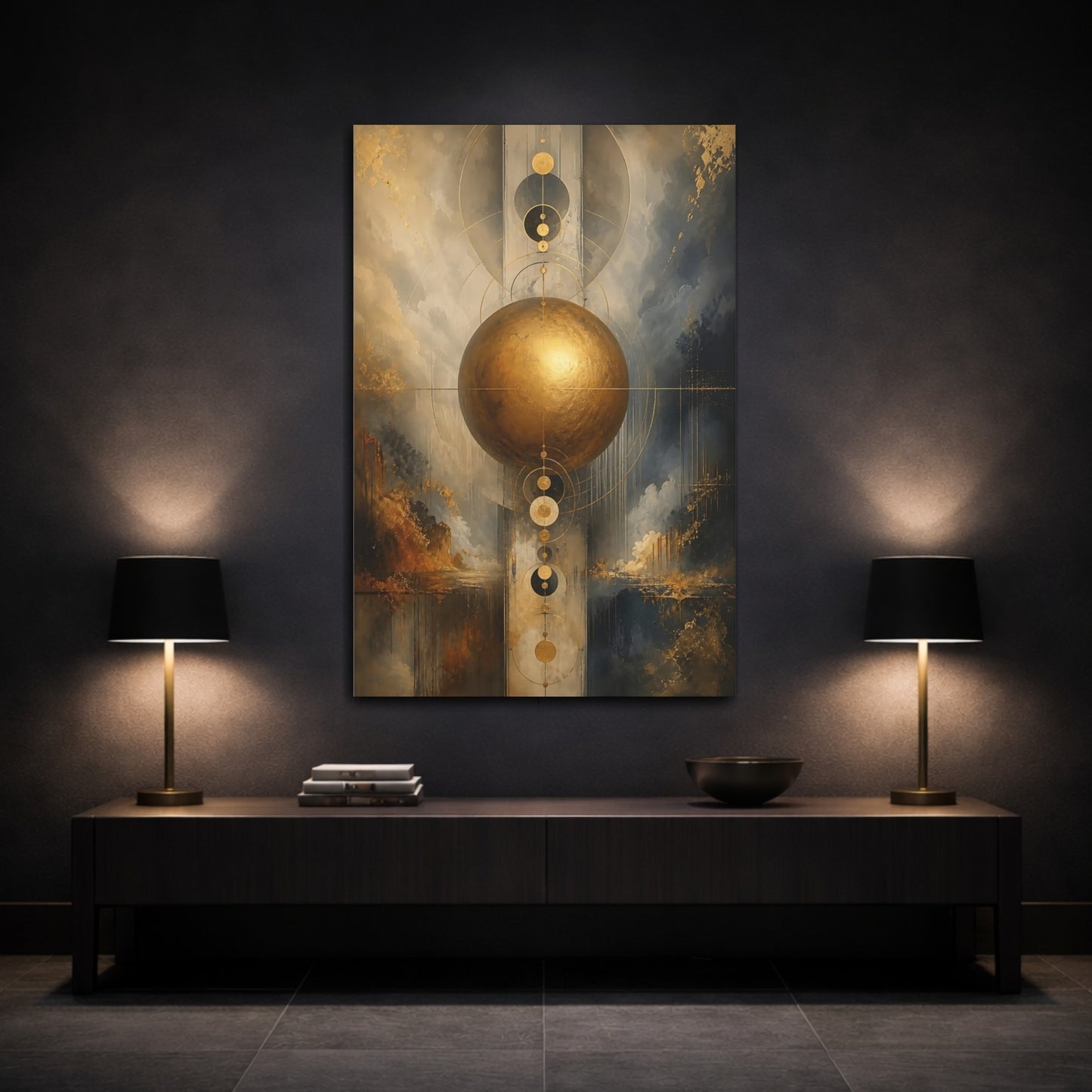 Mockup 3. Abstract Golden Sphere Gold Abstract Art shown as stretched canvas wall art