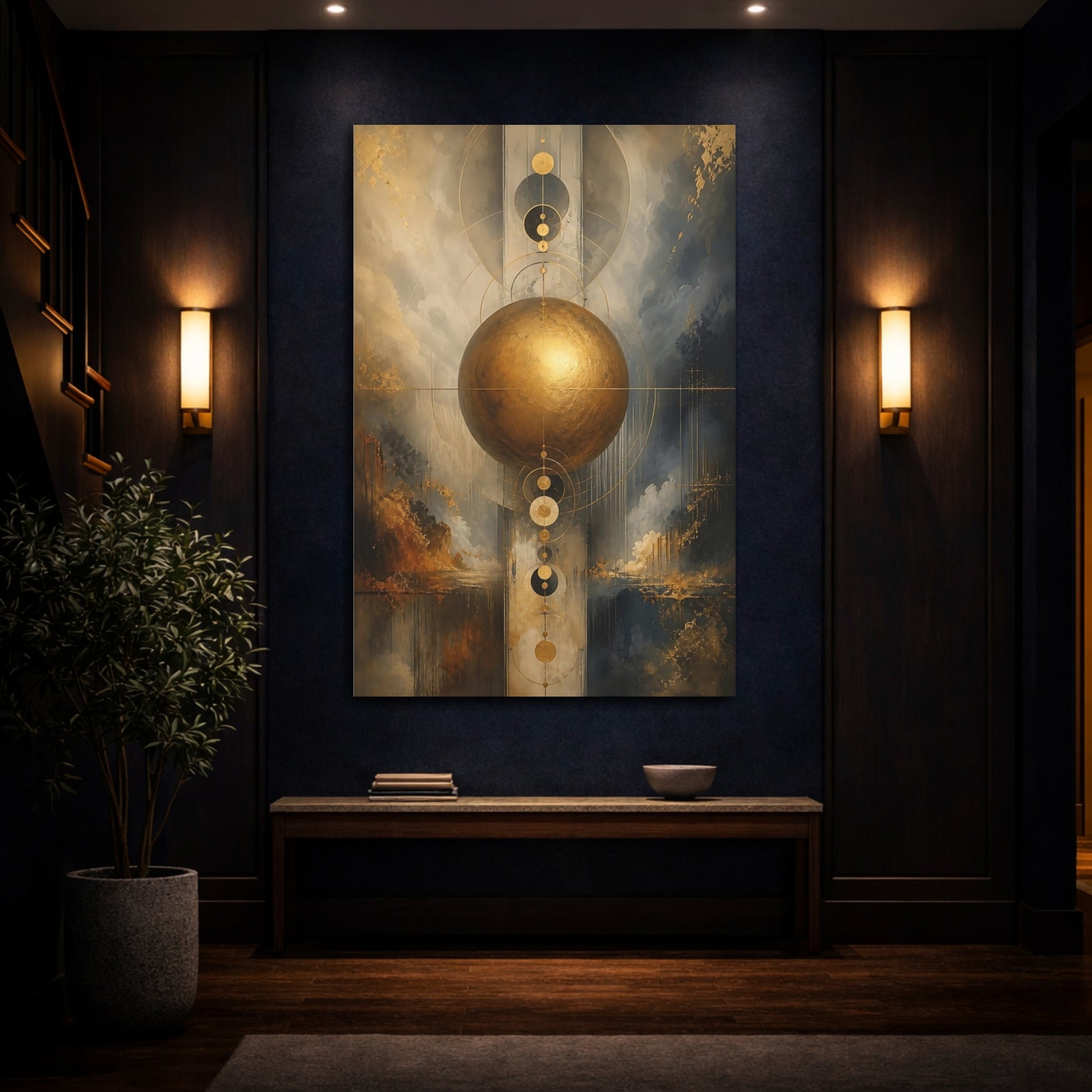 Mockup 4. Abstract Golden Sphere Gold Abstract Art shown as stretched canvas wall art