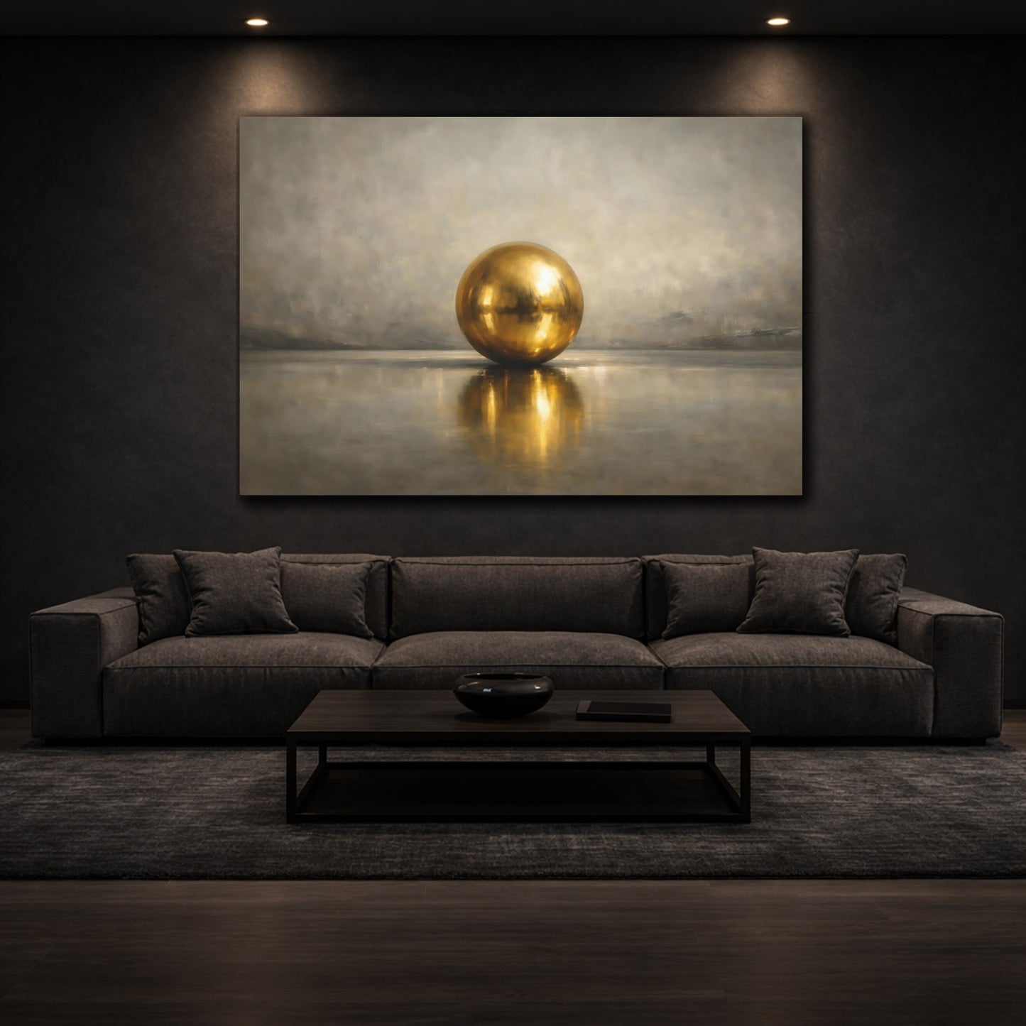 Mockup 2. Abstract Golden Sphere Gold And Gray shown as stretched canvas wall art