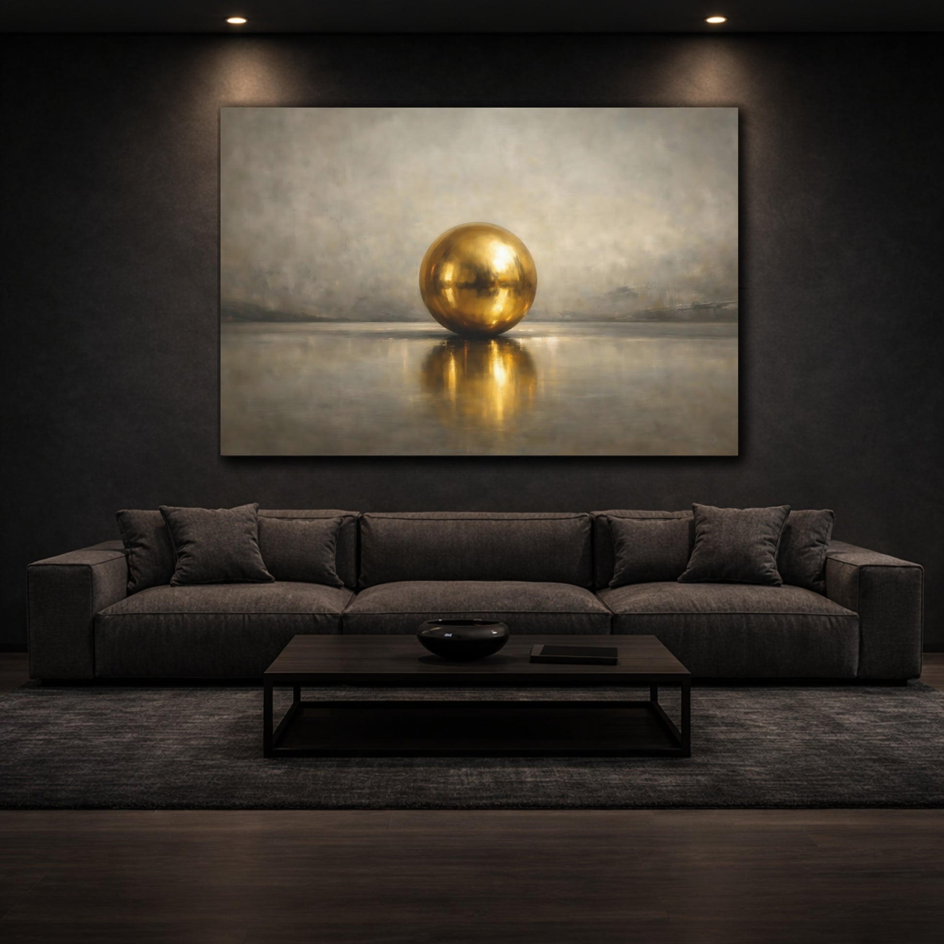 Mockup 2. Abstract Golden Sphere Gold And Gray shown as stretched canvas wall art