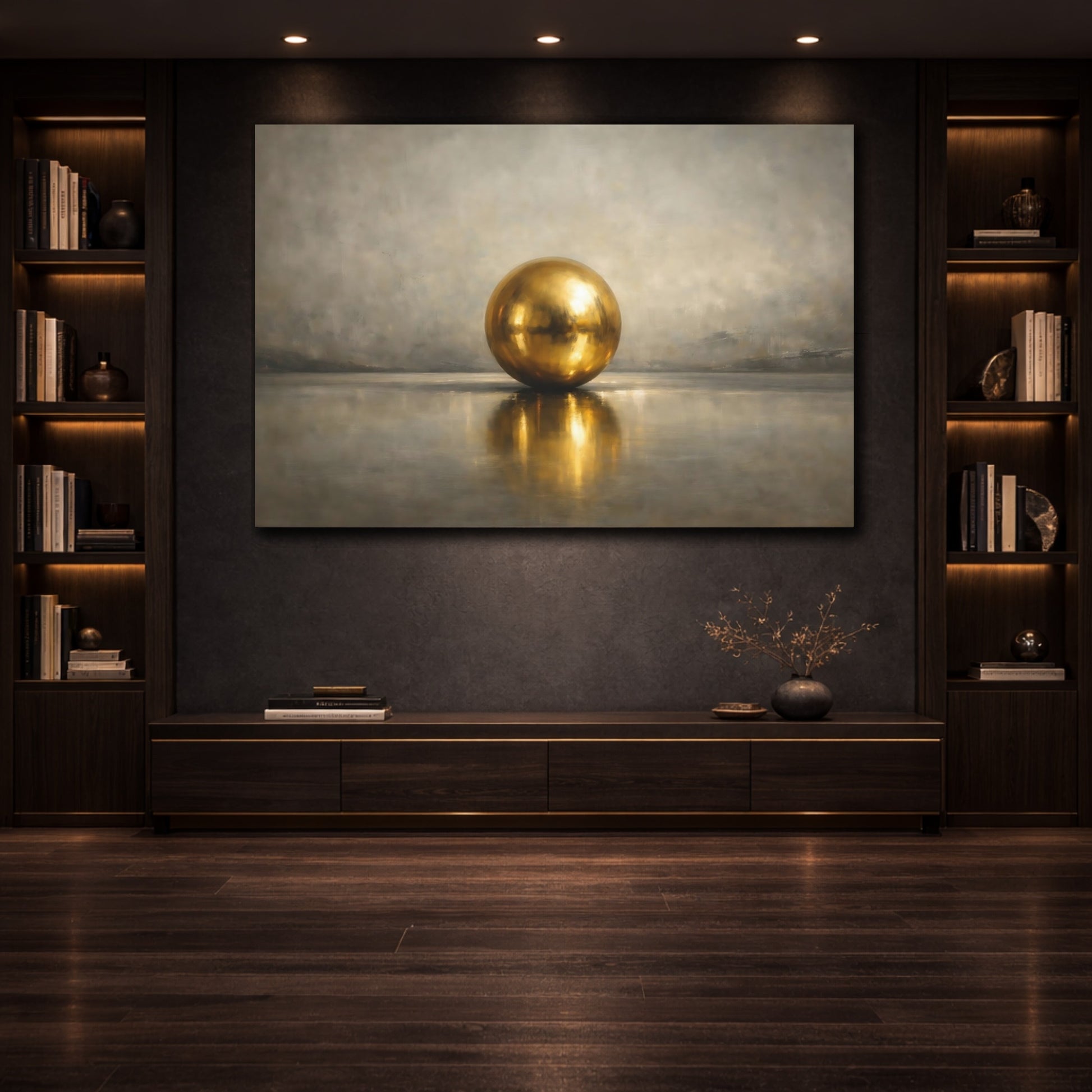 Mockup 3. Abstract Golden Sphere Gold And Gray shown as stretched canvas wall art