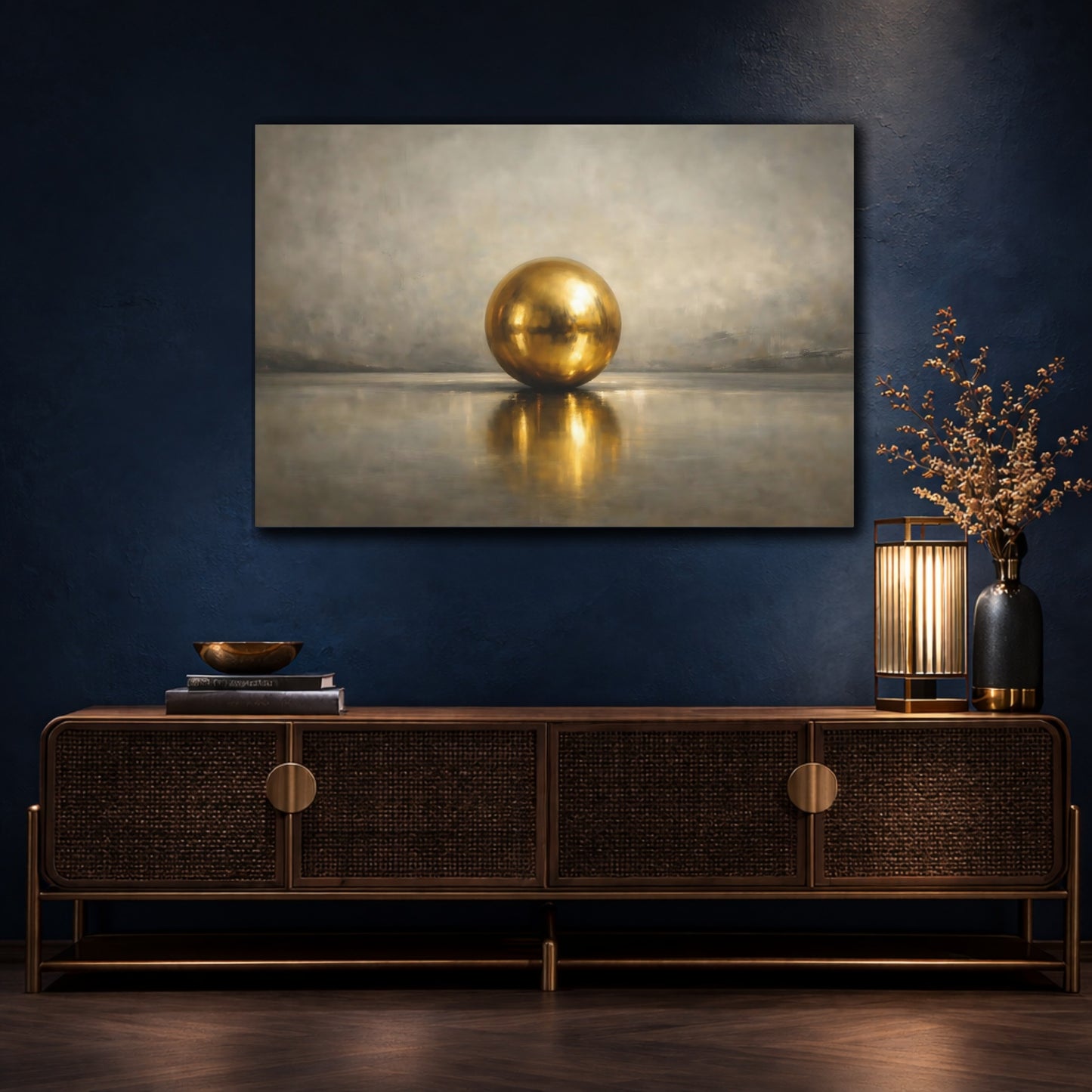 Mockup 4. Abstract Golden Sphere Gold And Gray shown as stretched canvas wall art