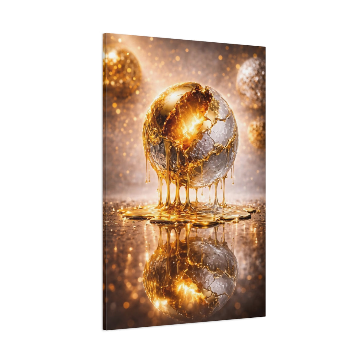 Main Mockup. Abstract Golden Sphere Gold And Silver shown as stretched canvas wall art