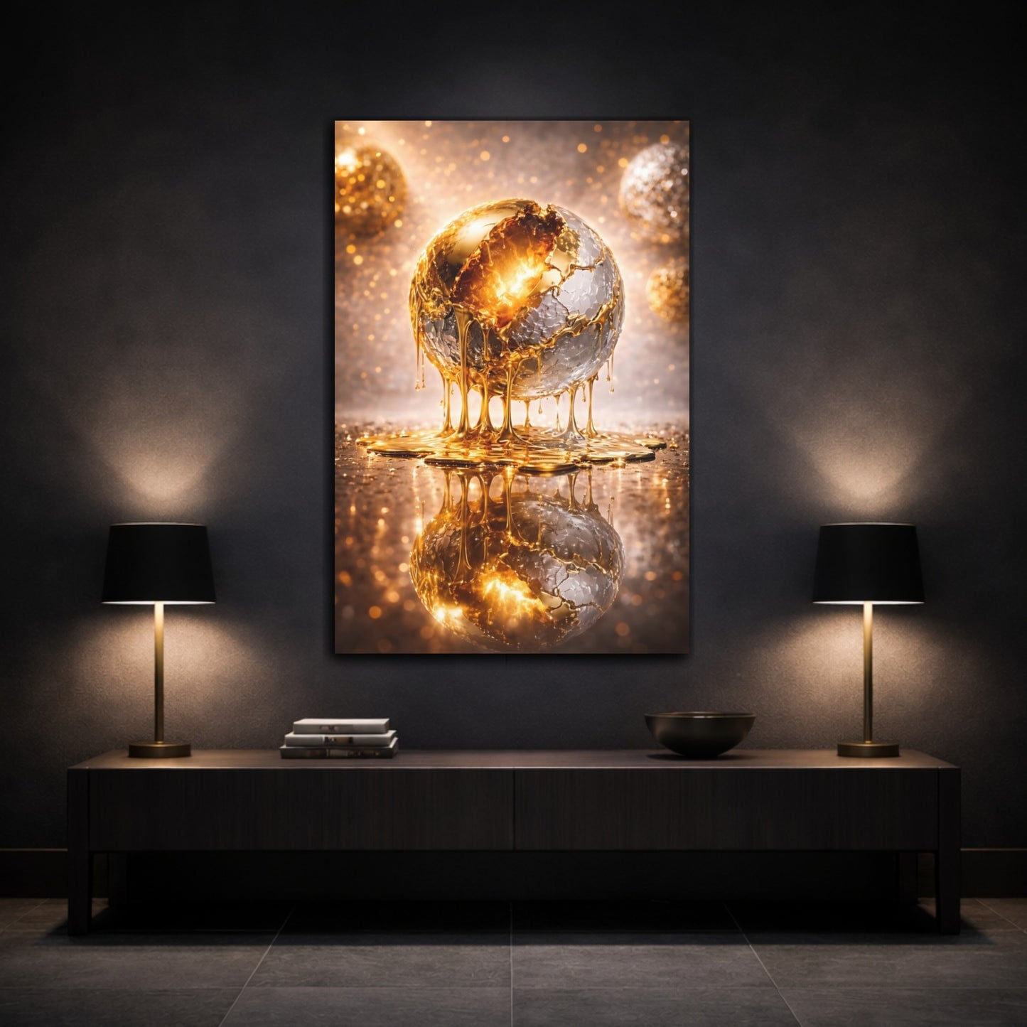 Mockup 2. Abstract Golden Sphere Gold And Silver shown as stretched canvas wall art