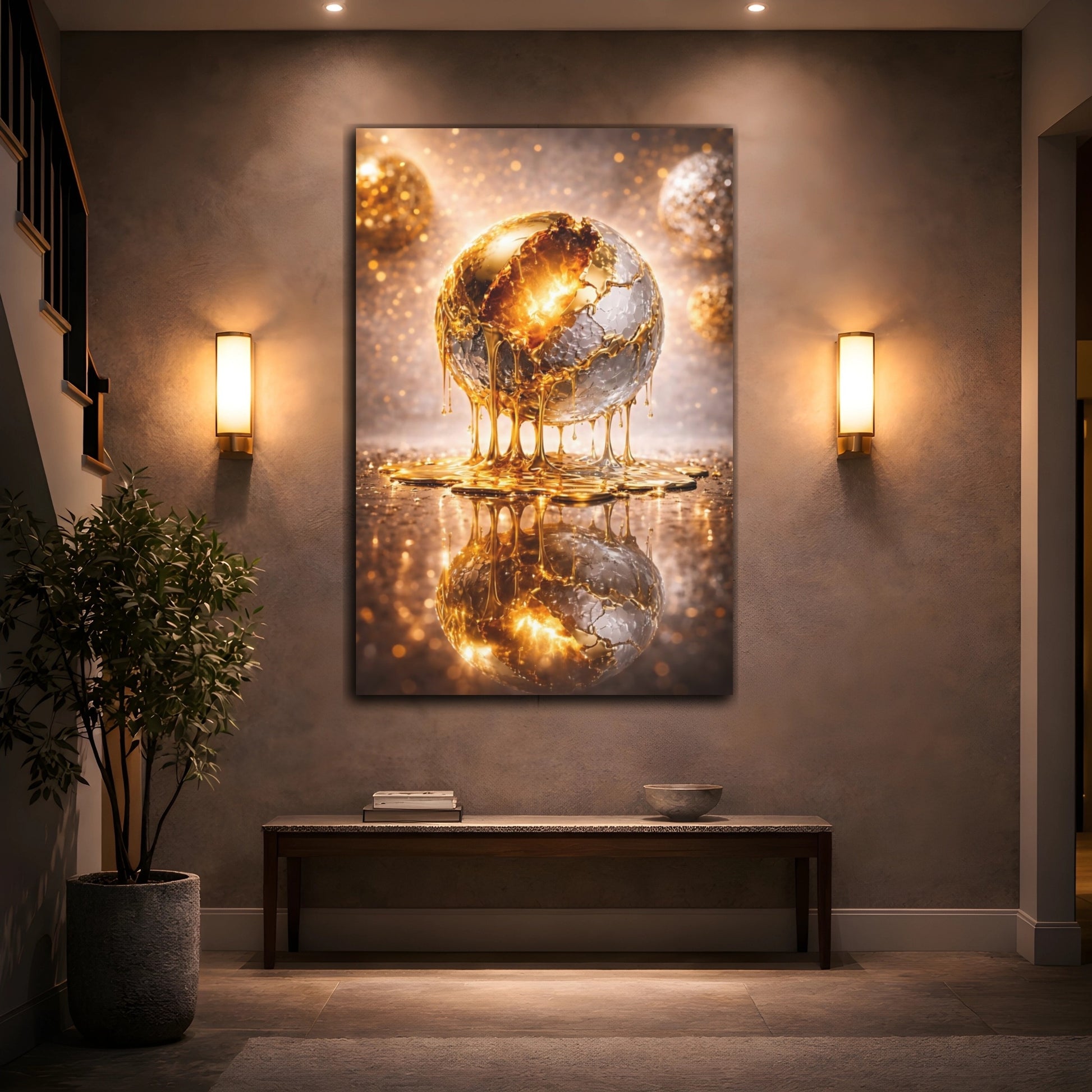 Mockup 3. Abstract Golden Sphere Gold And Silver shown as stretched canvas wall art