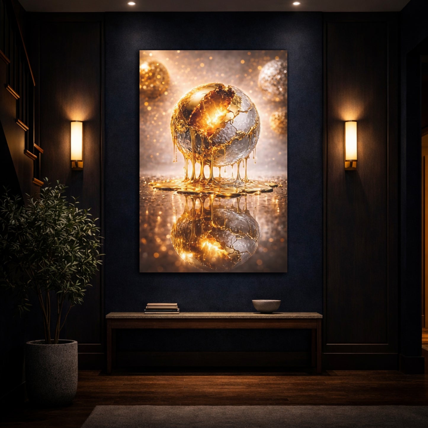 Mockup 4. Abstract Golden Sphere Gold And Silver shown as stretched canvas wall art