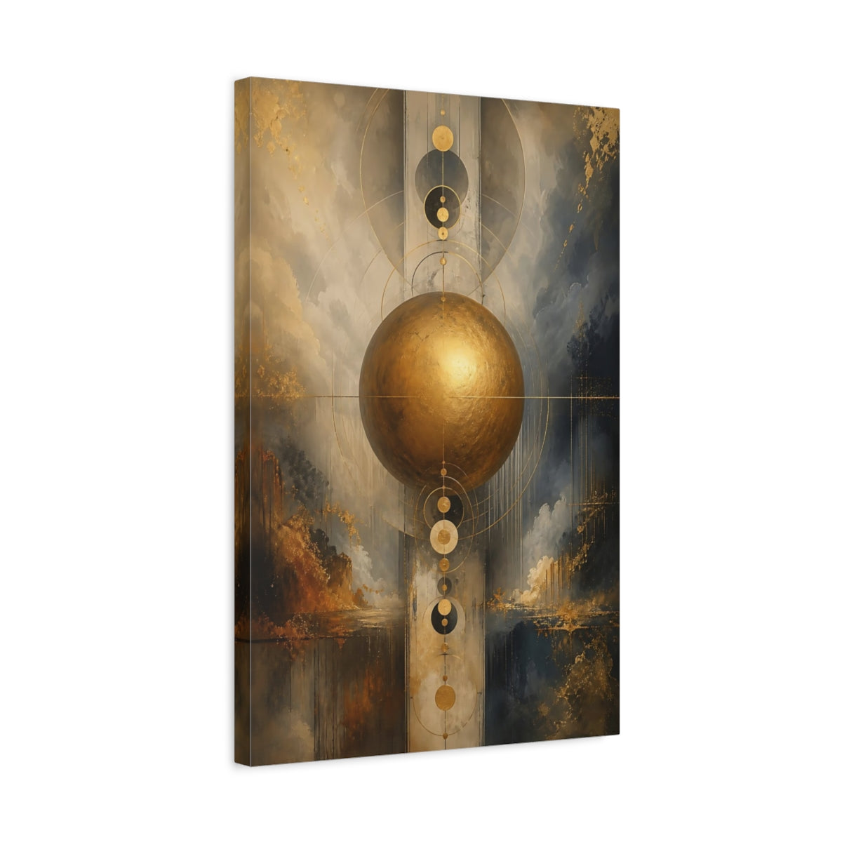 Side Mockup 3. Abstract Golden Sphere Gold Abstract Art shown as stretched canvas wall art