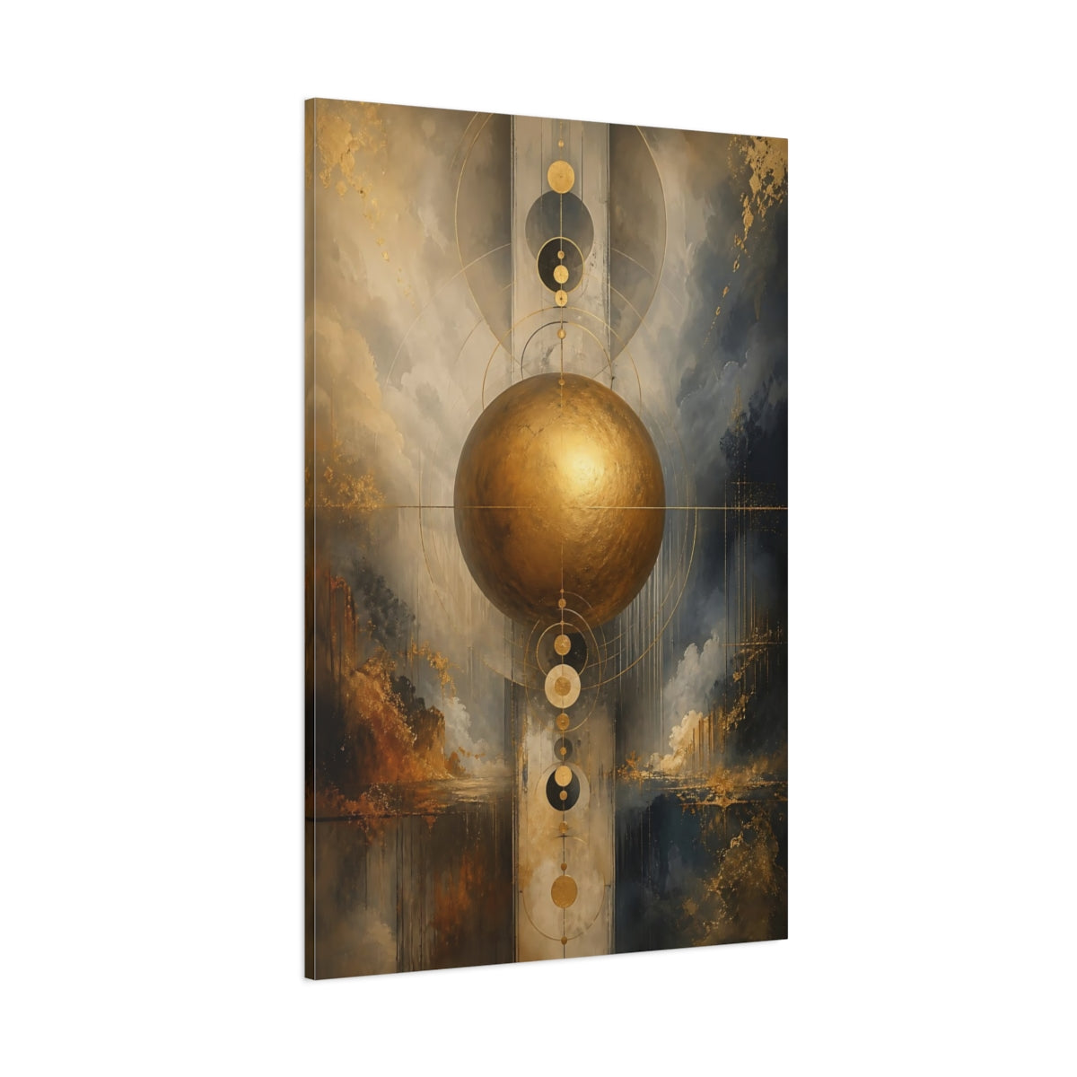 Side Mockup 1. Abstract Golden Sphere Gold Abstract Art shown as stretched canvas wall art