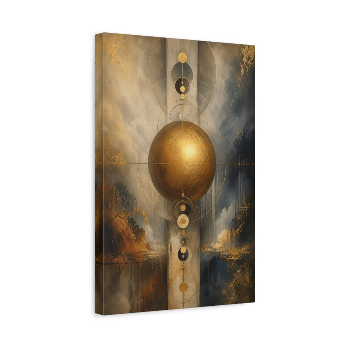 Side Mockup 4. Abstract Golden Sphere Gold Abstract Art shown as stretched canvas wall art