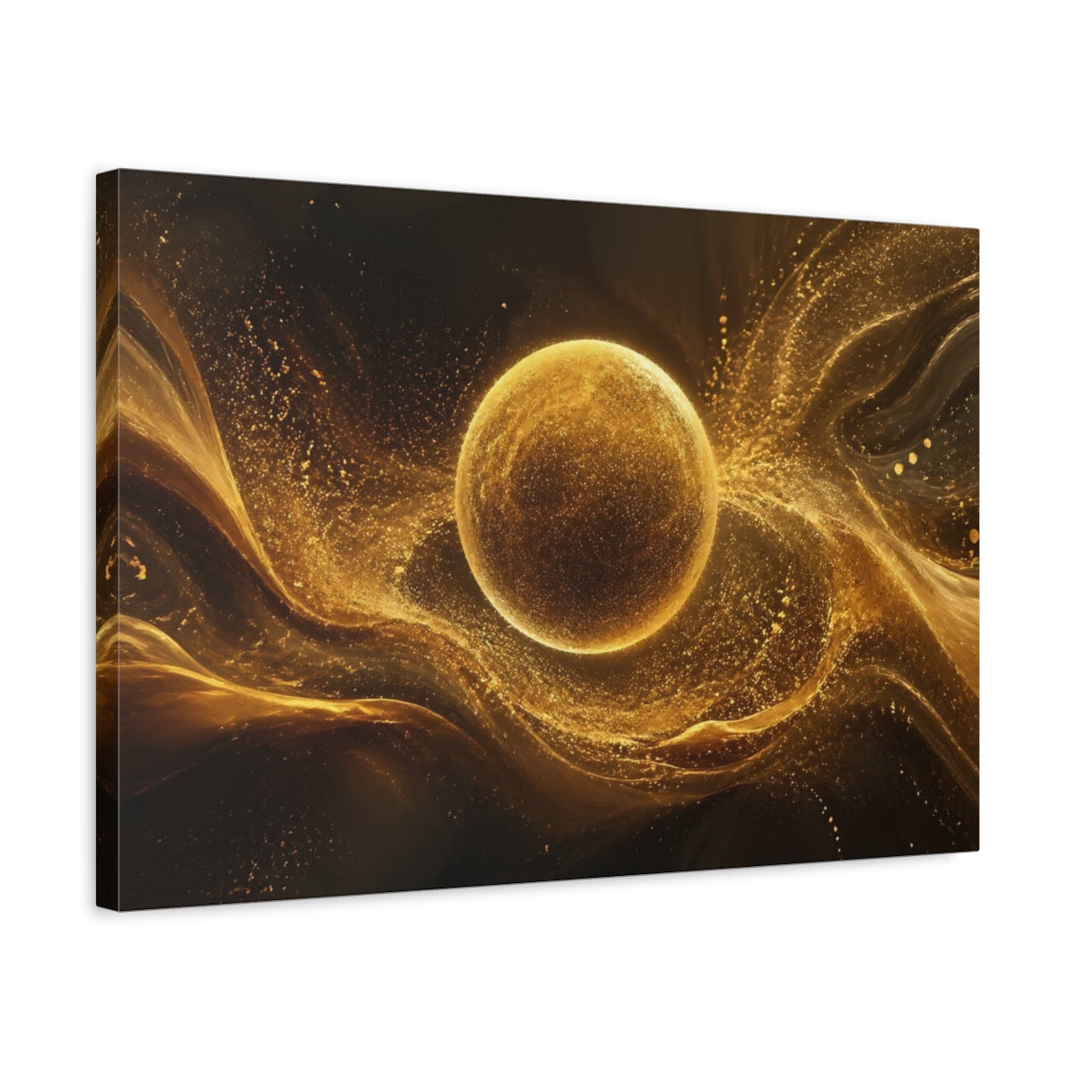 Side Mockup 3. Abstract Golden Sphere Abstract Gold shown as stretched canvas wall art