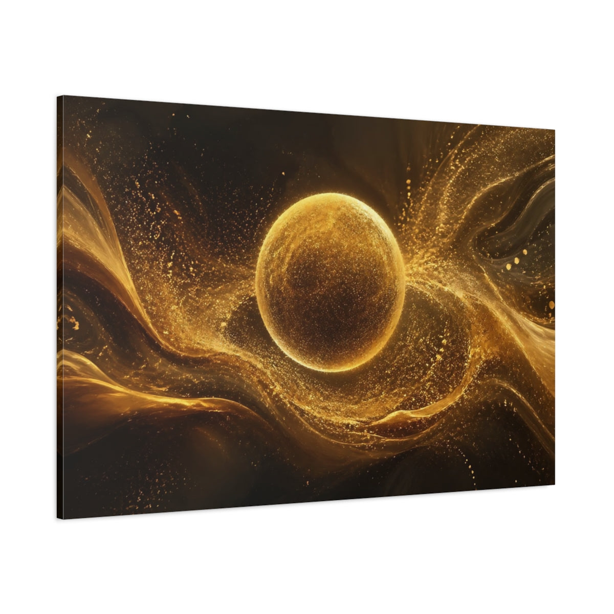 Side Mockup 1. Abstract Golden Sphere Abstract Gold shown as stretched canvas wall art