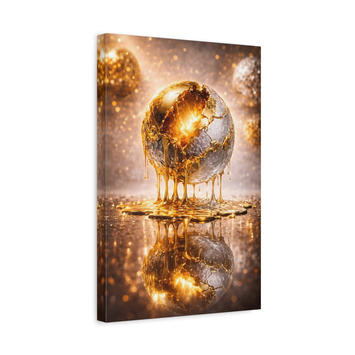 Side Mockup 4. Abstract Golden Sphere Gold And Silver shown as stretched canvas wall art