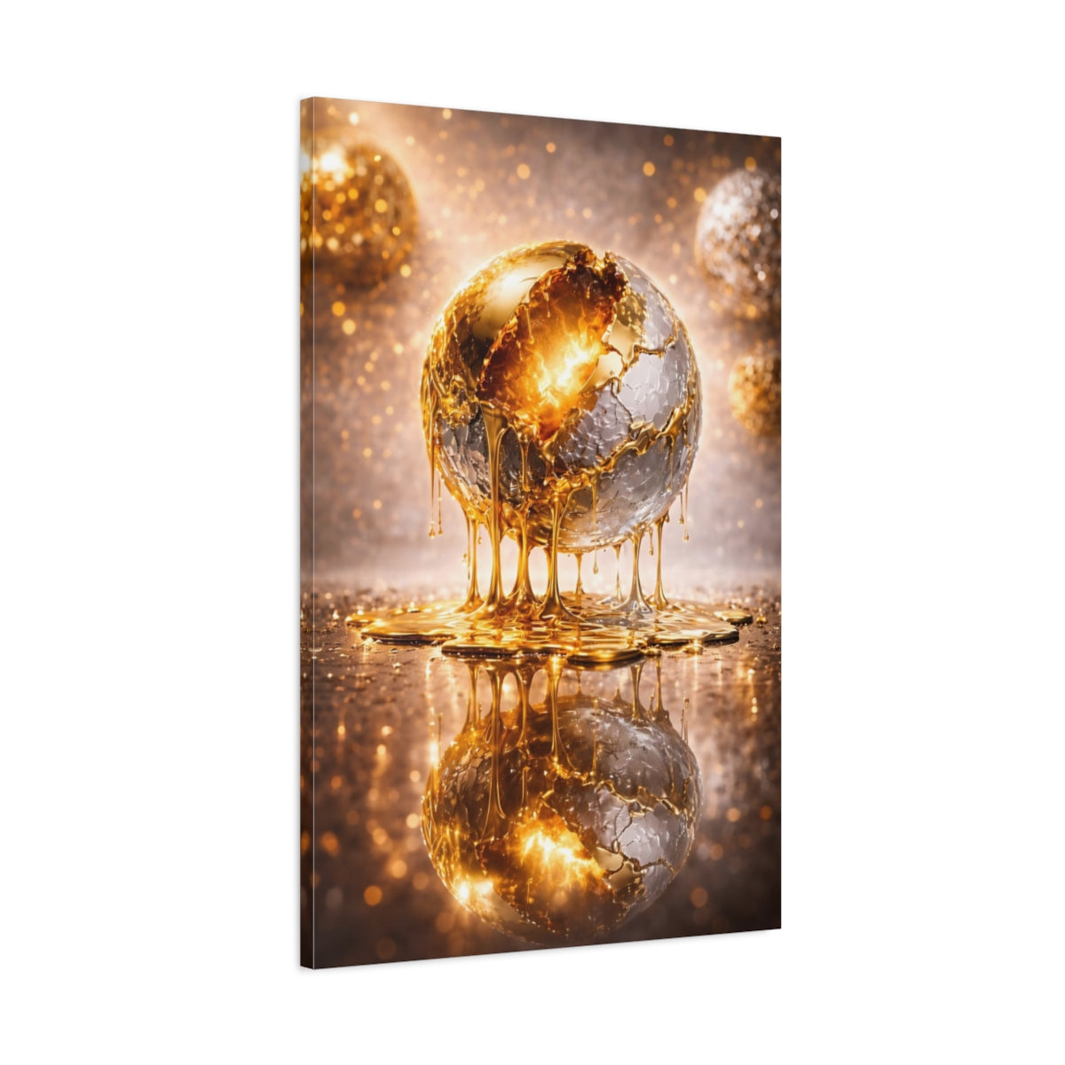 Side Mockup 1. Abstract Golden Sphere Gold And Silver shown as stretched canvas wall art